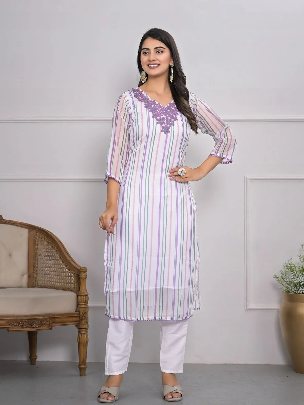 Odette Off White Silk Blend Printed Stitched Kurta Set For Women - Image 2
