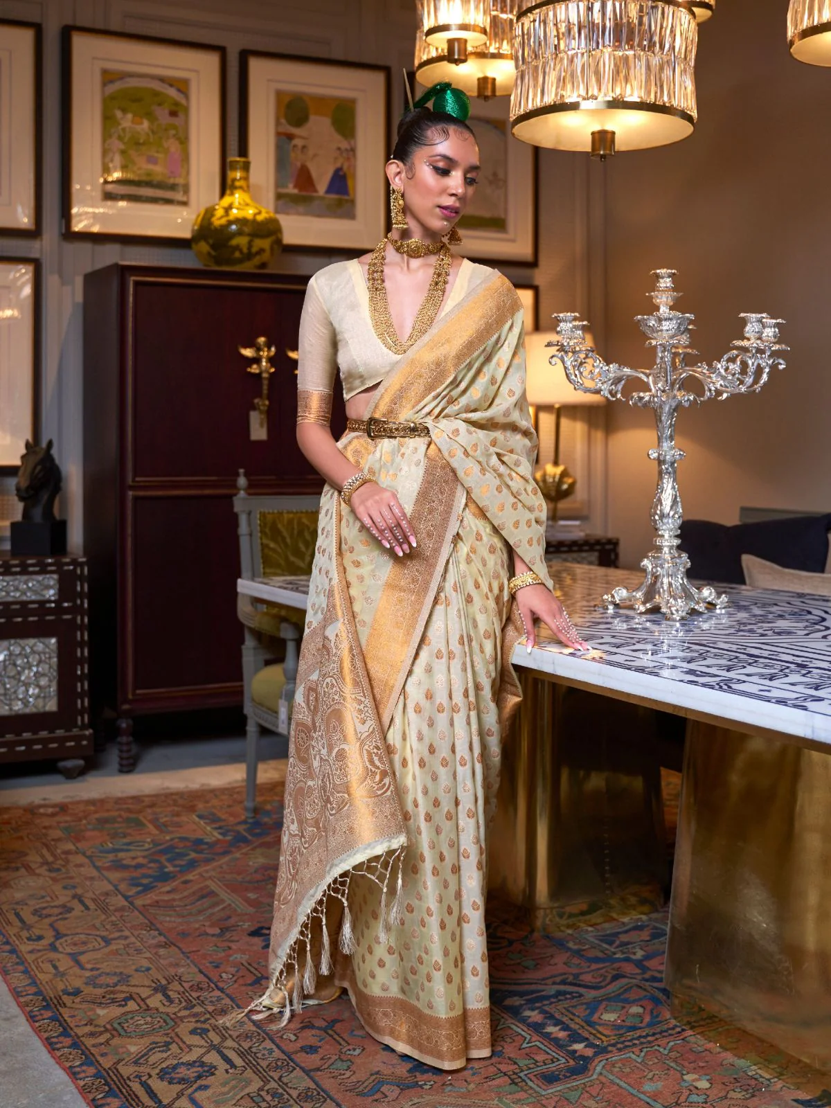 Odette Off White Silk Blend Woven Saree With Unstitched Blouse for Women