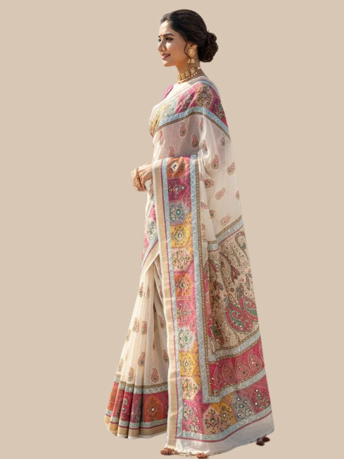 Odette Off White Silk Printed Saree For Women - Image 3
