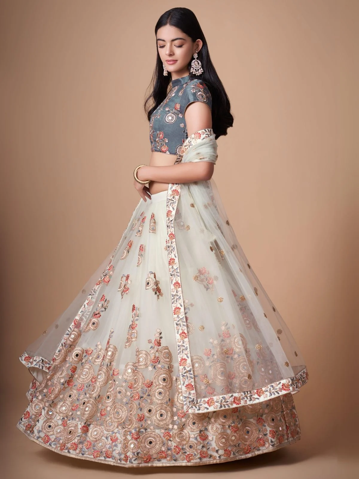 Odette Off White Soft Net Embroidered Semi Stitched Lehenga With Blouse For Women - Image 2