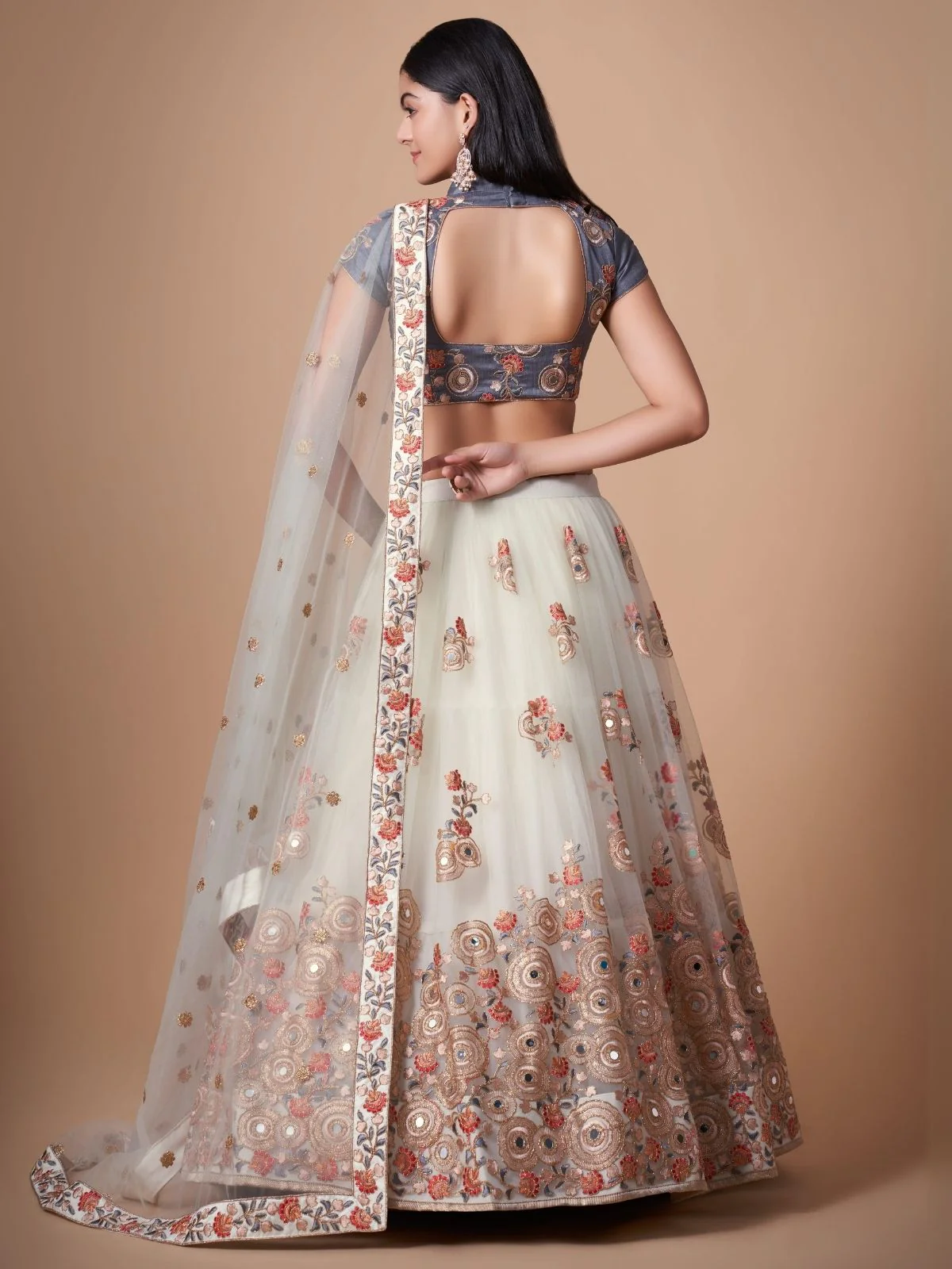 Odette Off White Soft Net Embroidered Semi Stitched Lehenga With Blouse For Women - Image 4