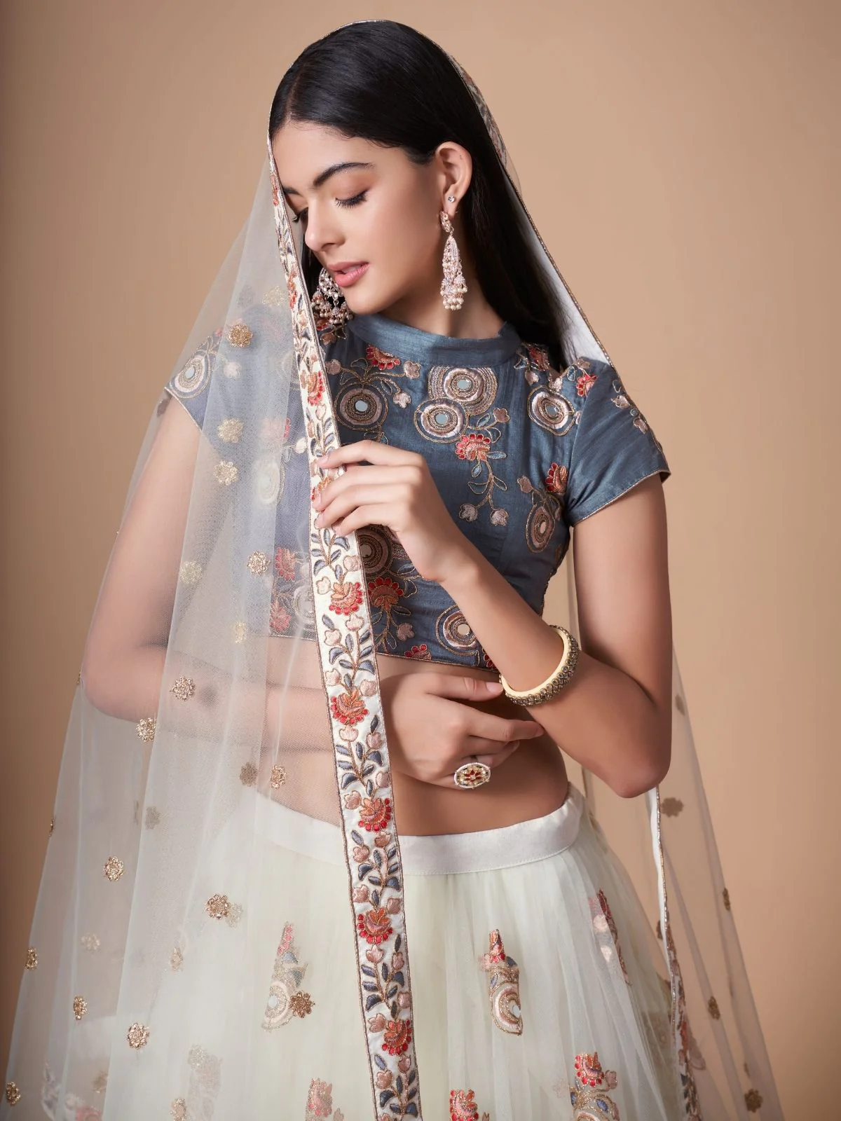 Odette Off White Soft Net Embroidered Semi Stitched Lehenga With Blouse For Women - Image 5