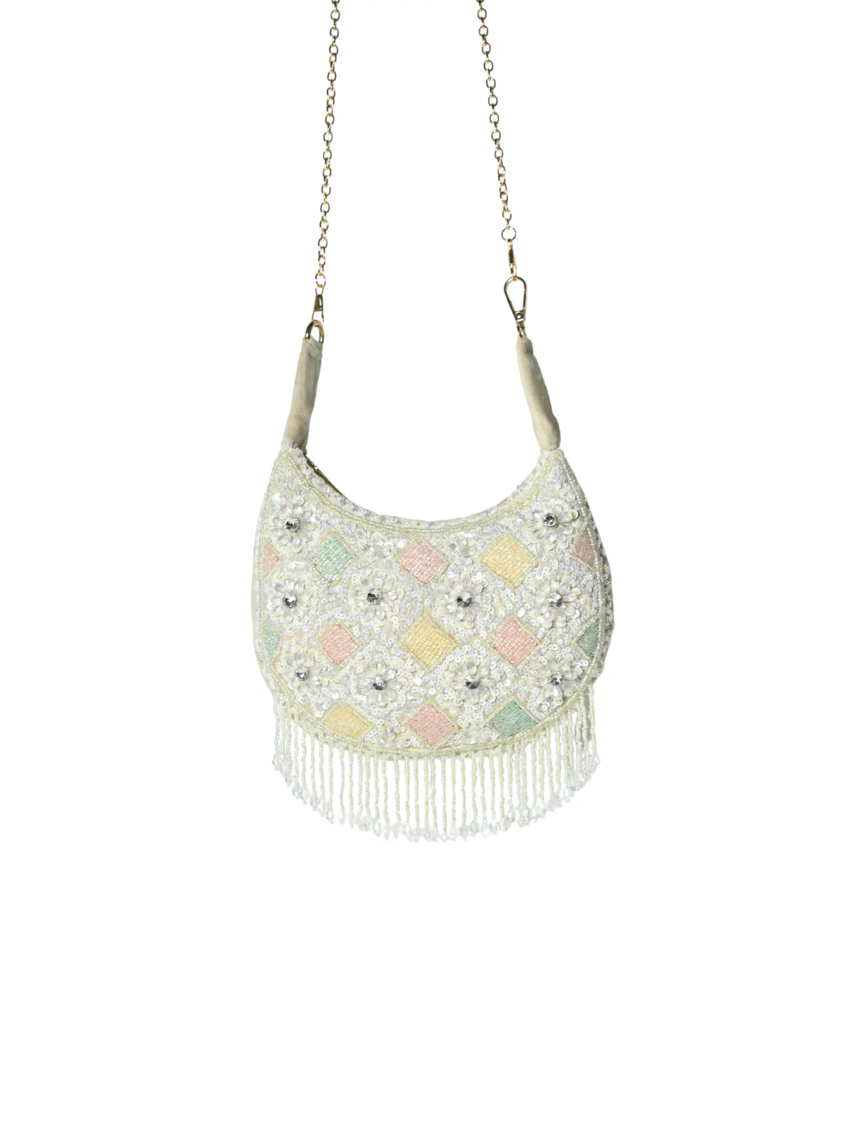 Odette Off White Suede Embellished Clutch For Women - Image 3