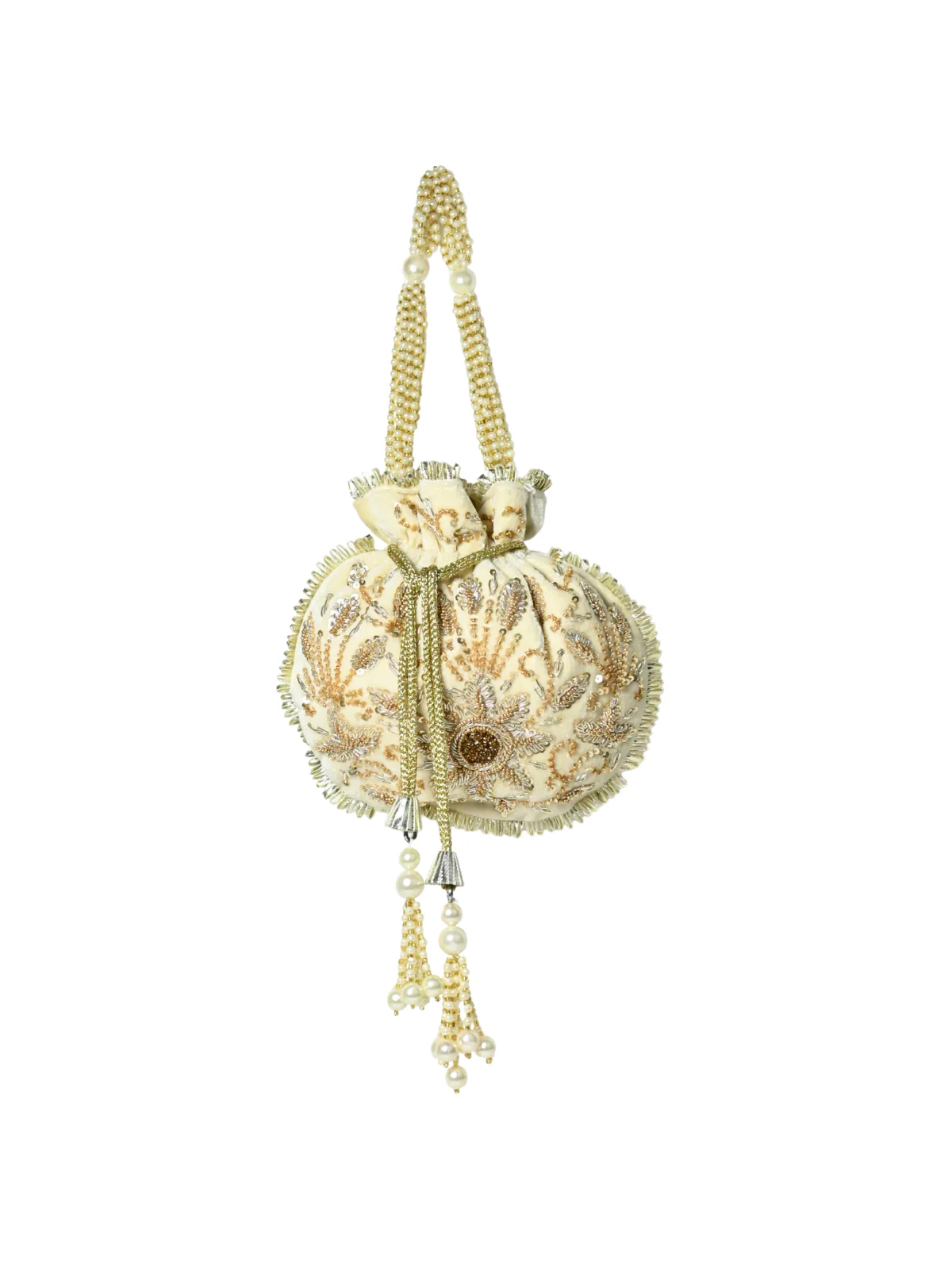 Odette Off White Suede Embellished Potli For Women - Image 3