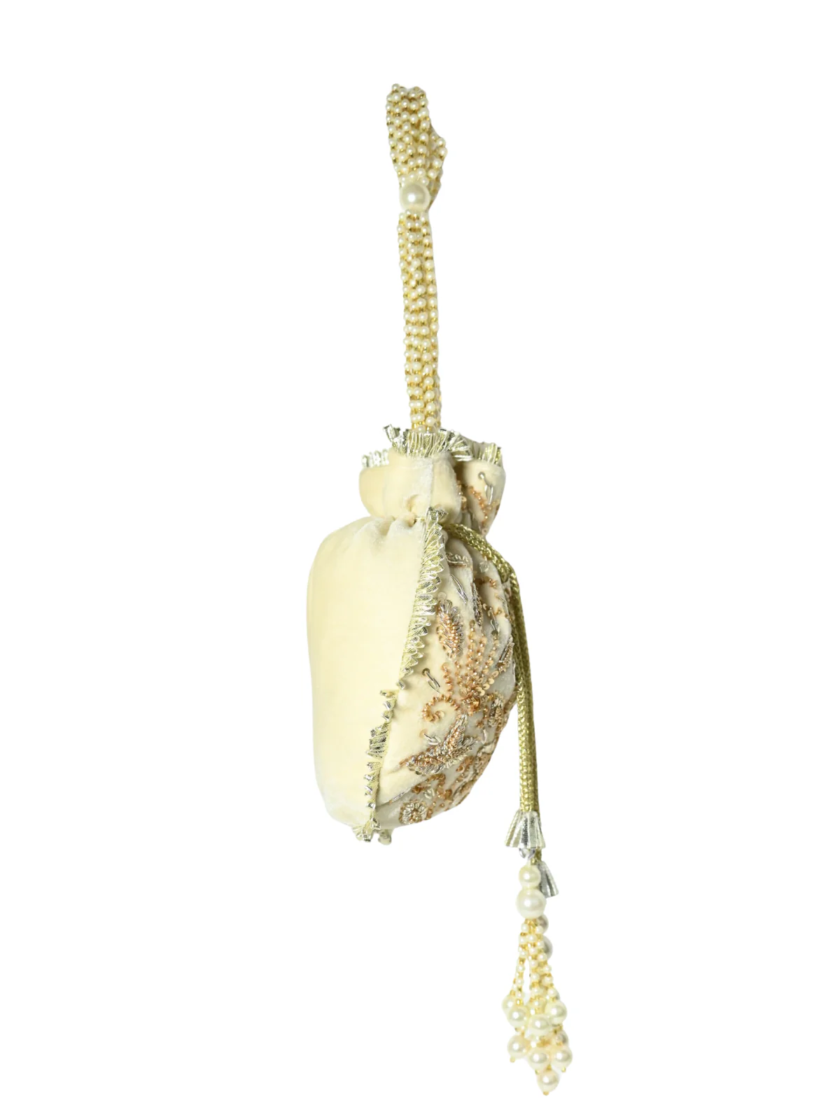 Odette Off White Suede Embellished Potli For Women - Image 4