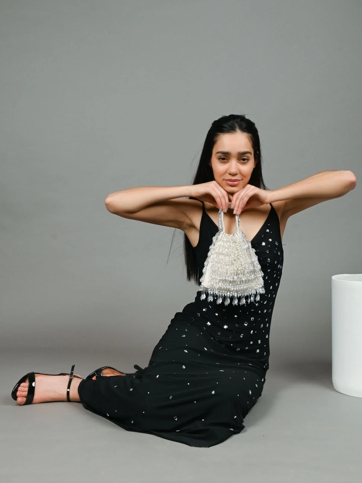 Odette Off White Suede Embellished Potli For Women - Image 2