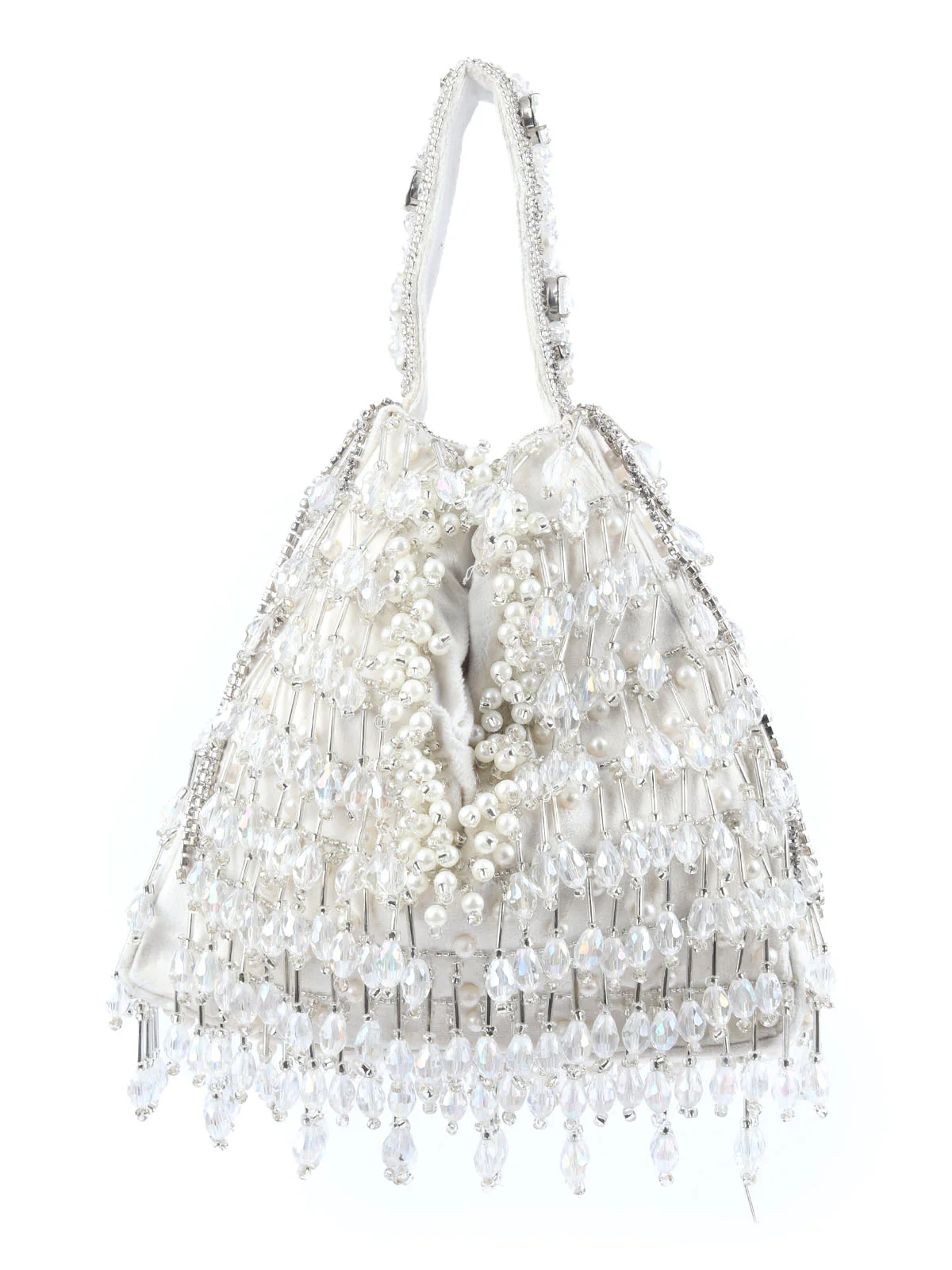 Odette Off White Suede Embellished Potli For Women - Image 3