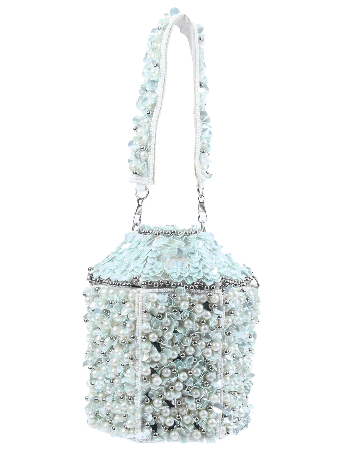 Odette Off White Suede Embellished Potli For Women - Image 5