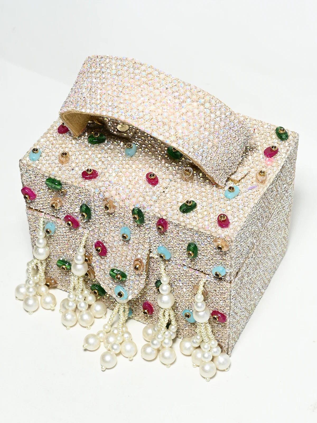 Odette Off White Suede Pearl Embellished Clutch For Women - Image 2