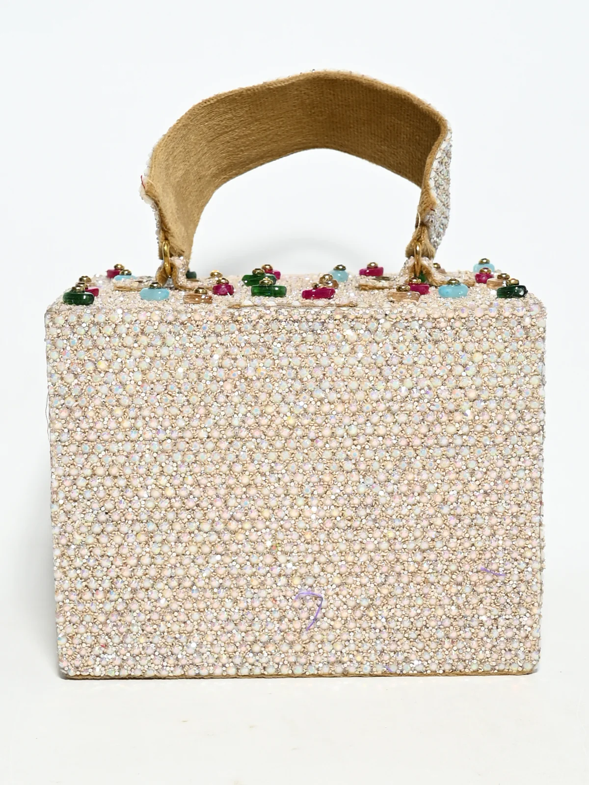 Odette Off White Suede Pearl Embellished Clutch For Women - Image 3
