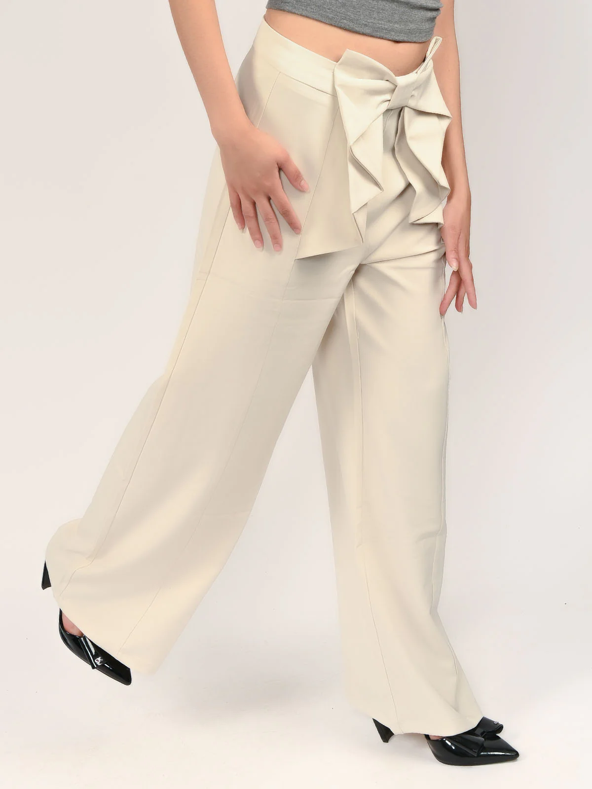 Odette Off White Suiting fabric Bow Design Trouser For Women - Image 4