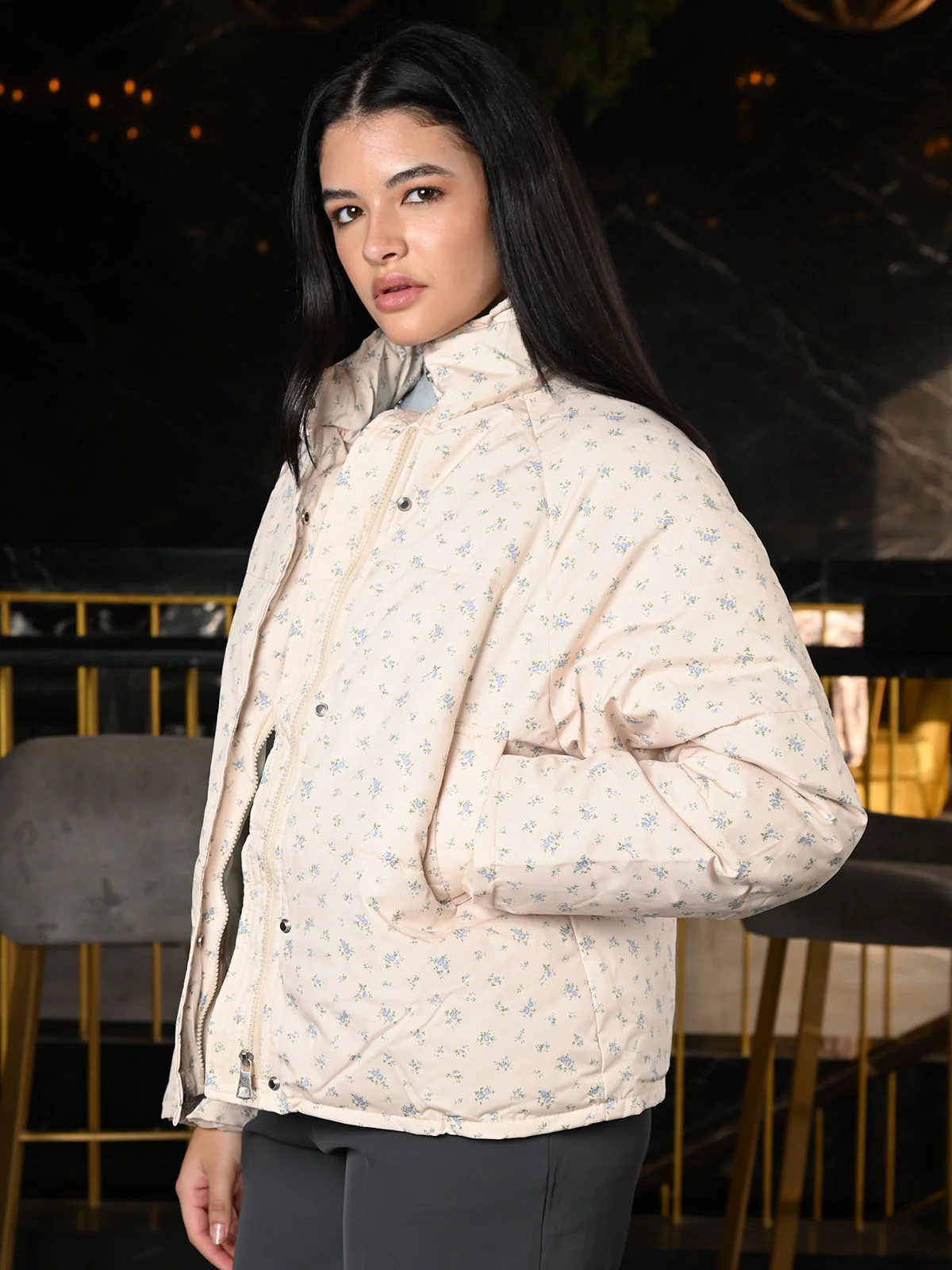 Odette Off White Tafetta Printed Puffer Jacket For Women - Image 3