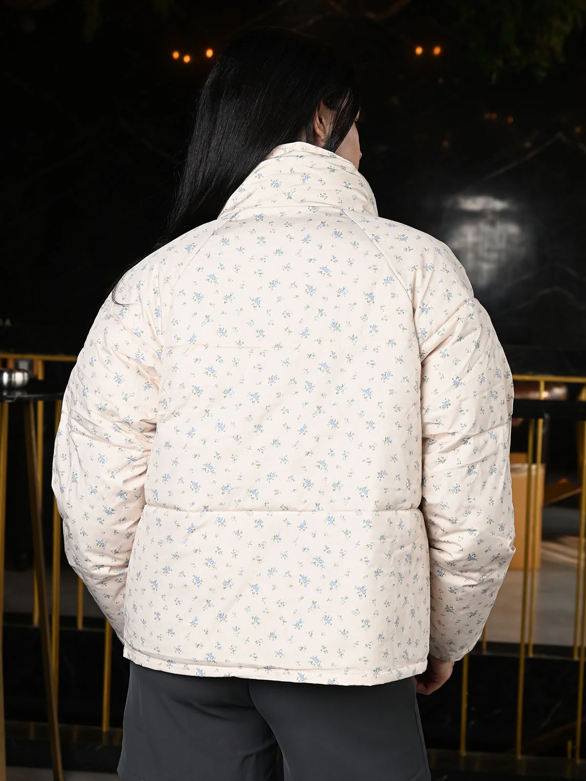 Odette Off White Tafetta Printed Puffer Jacket For Women - Image 4