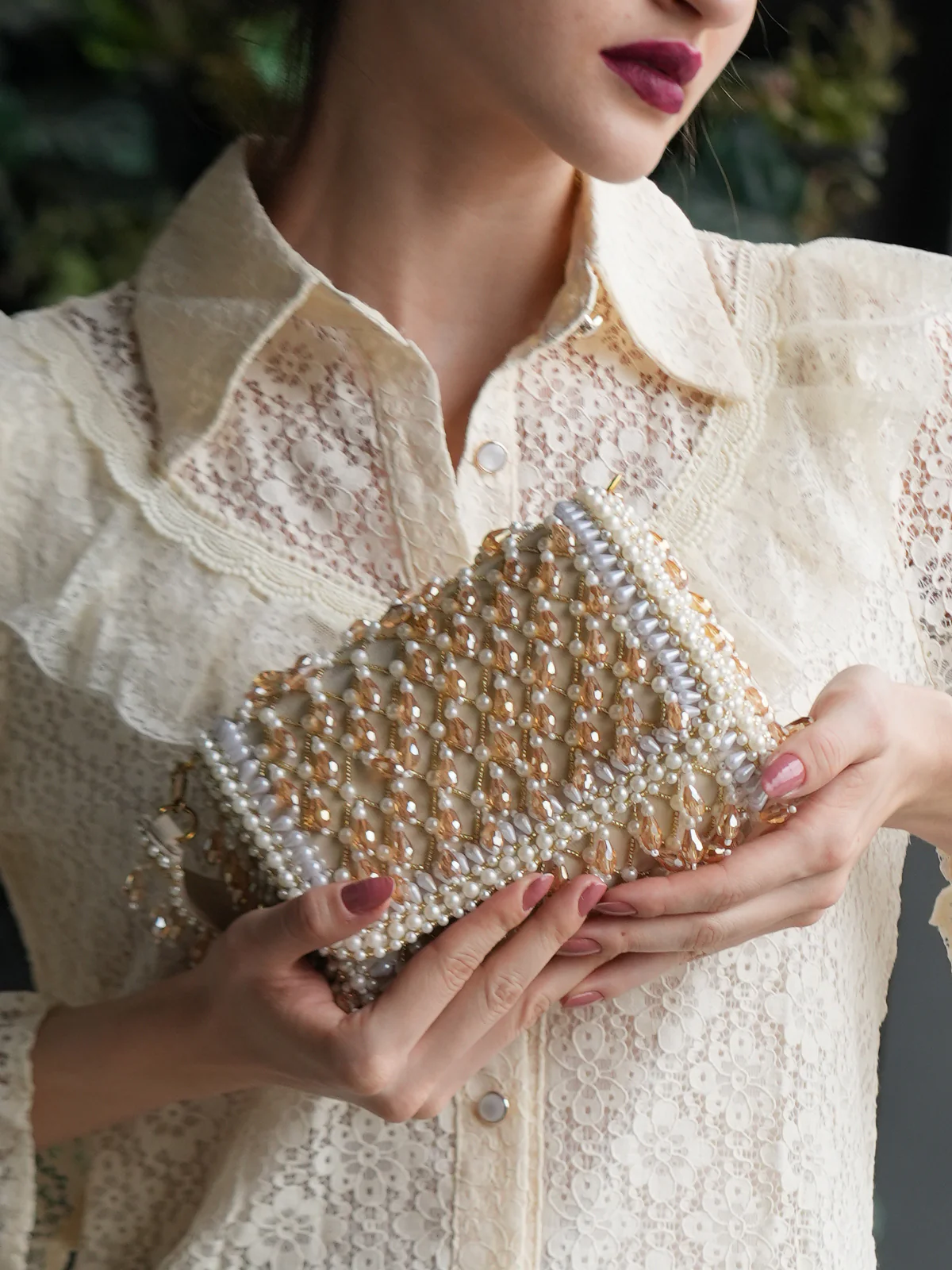 Odette Off White Tassels Embellished Clutch For Women - Image 2