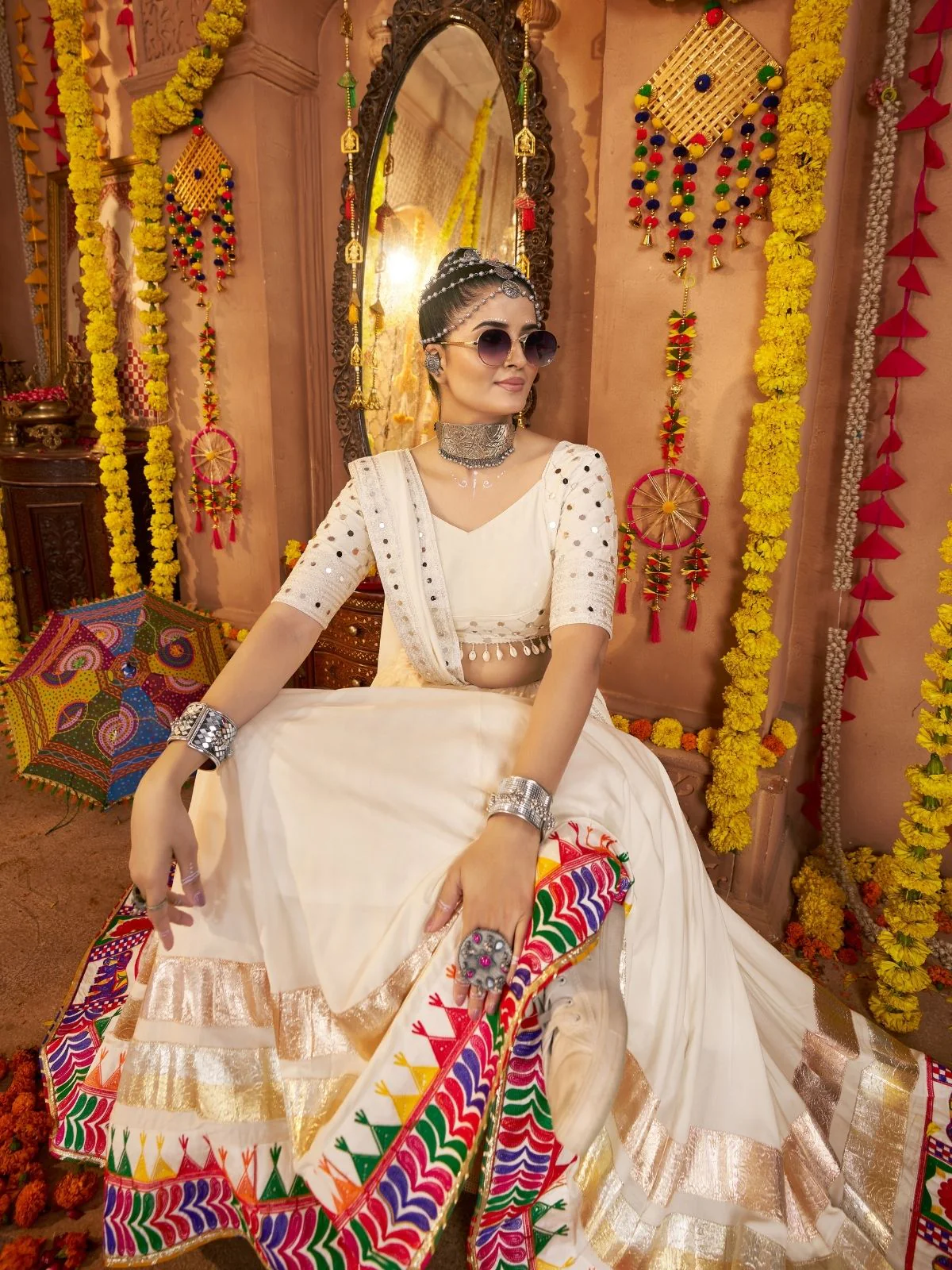Odette Off White Viscose Rayon Embroidered Semi-Stitched lehenga With Stunning Tassels For Women - Image 2