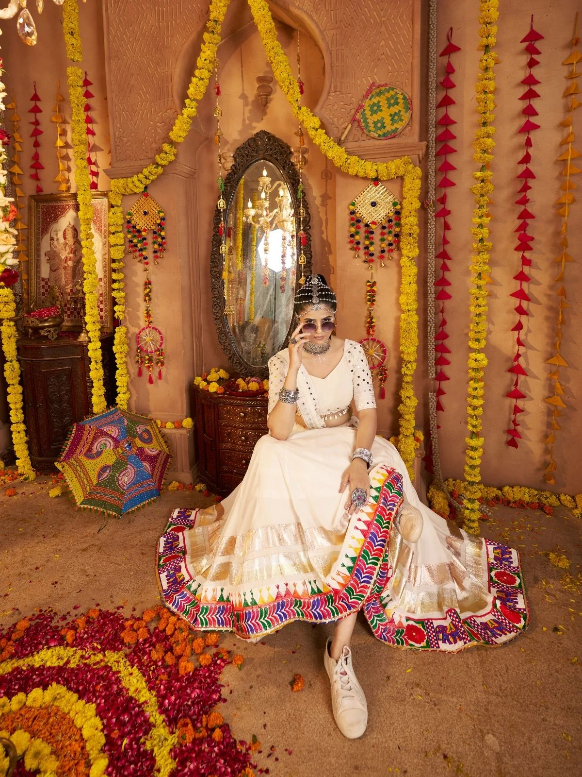 Odette Off White Viscose Rayon Embroidered Semi-Stitched lehenga With Stunning Tassels For Women - Image 3