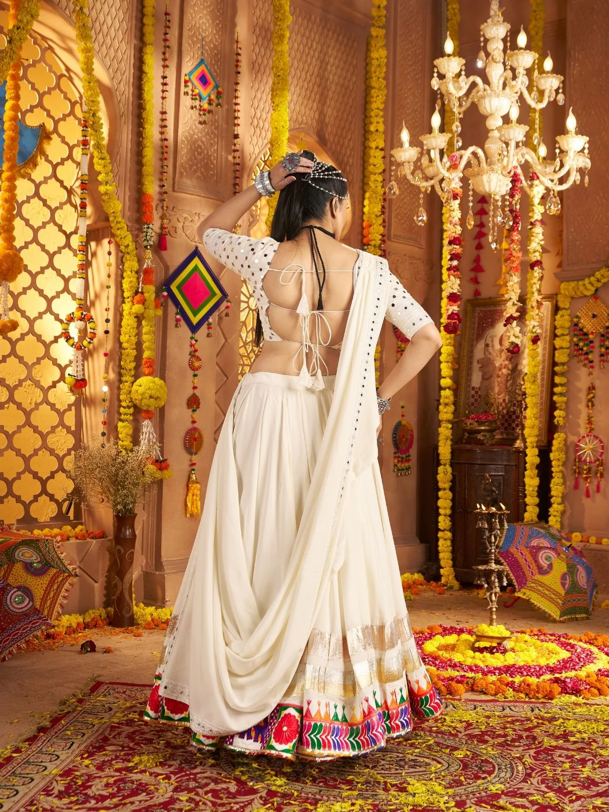 Odette Off White Viscose Rayon Embroidered Semi-Stitched lehenga With Stunning Tassels For Women - Image 4