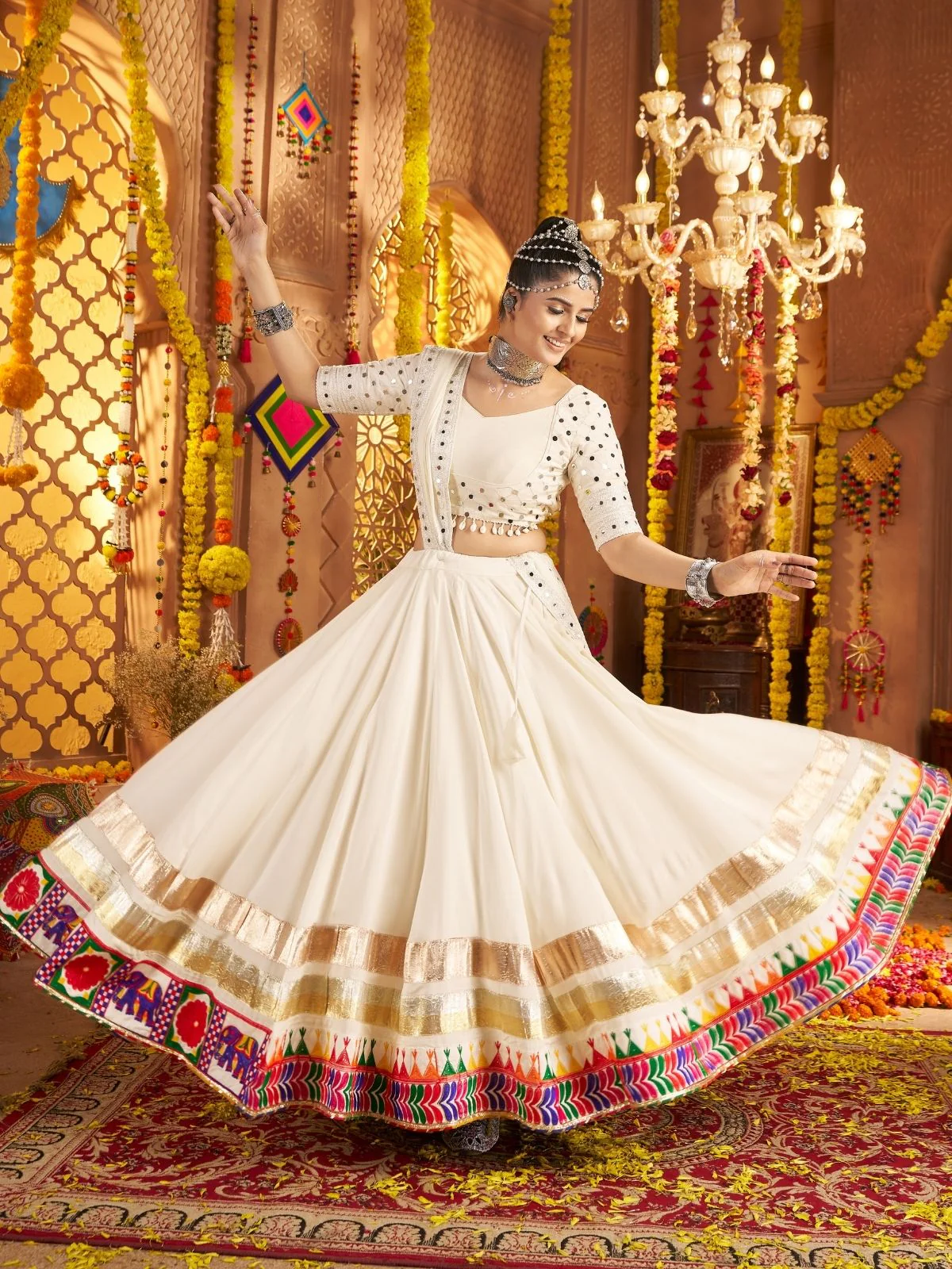 Odette Off White Viscose Rayon Embroidered Semi-Stitched lehenga With Stunning Tassels For Women - Image 5
