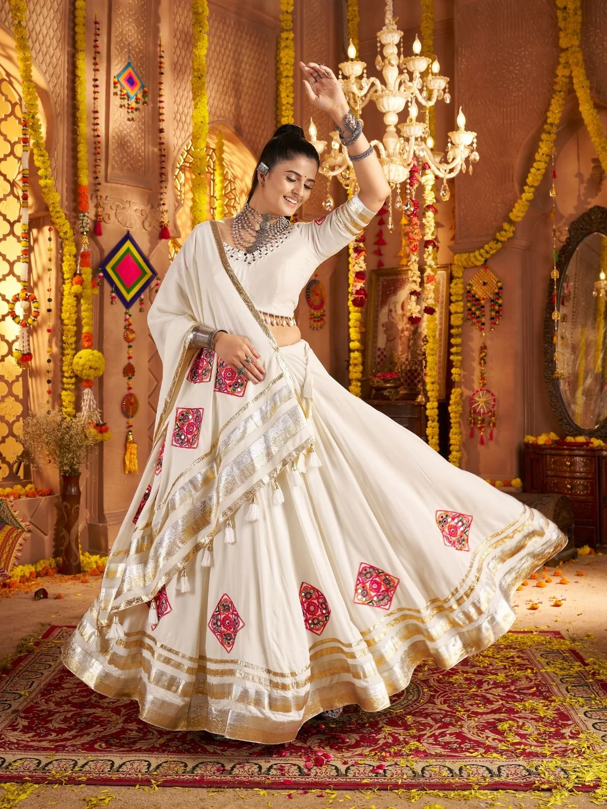Odette Off White Viscose Rayon Rabari Work Semi-Stitched lehenga With Stunning Tassels For Women - Image 2