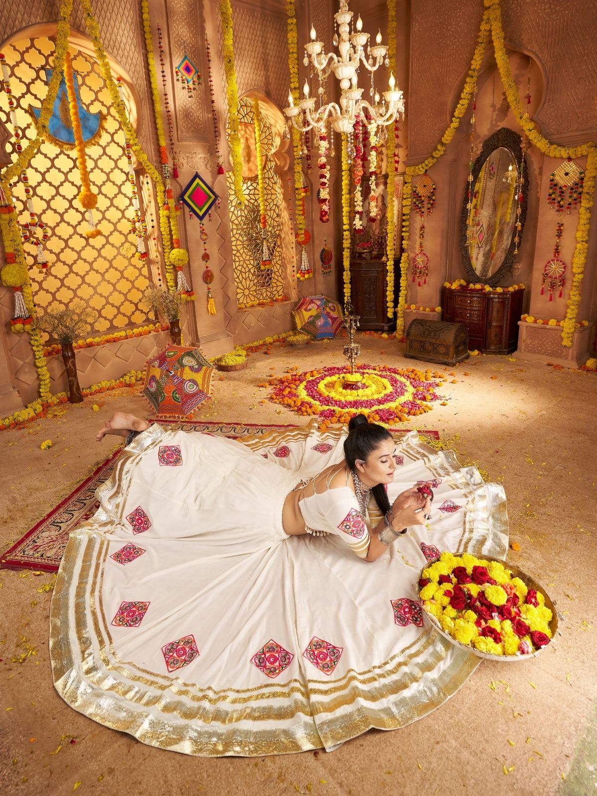 Odette Off White Viscose Rayon Rabari Work Semi-Stitched lehenga With Stunning Tassels For Women - Image 3
