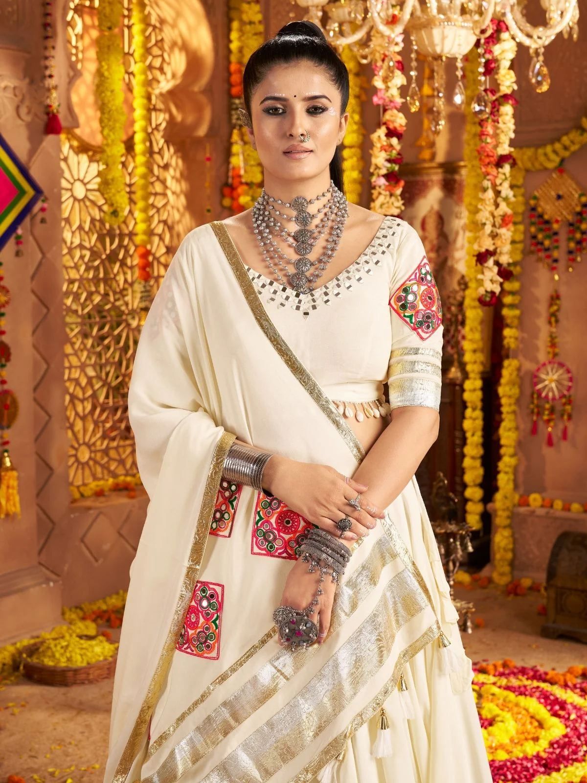 Odette Off White Viscose Rayon Rabari Work Semi-Stitched lehenga With Stunning Tassels For Women - Image 4