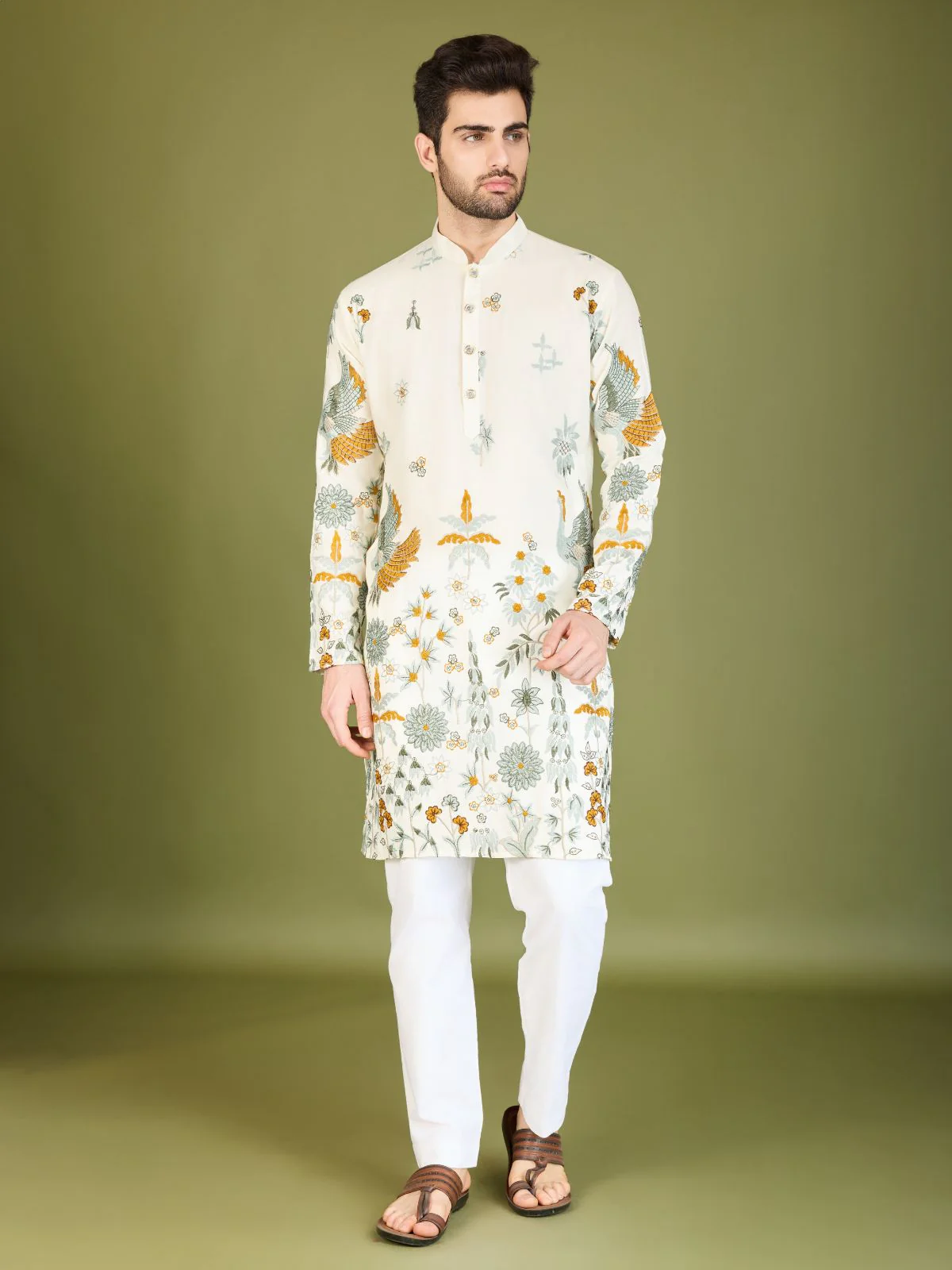 Odette Off White Viscose Rayon Stitched Kurta For Men - Image 3