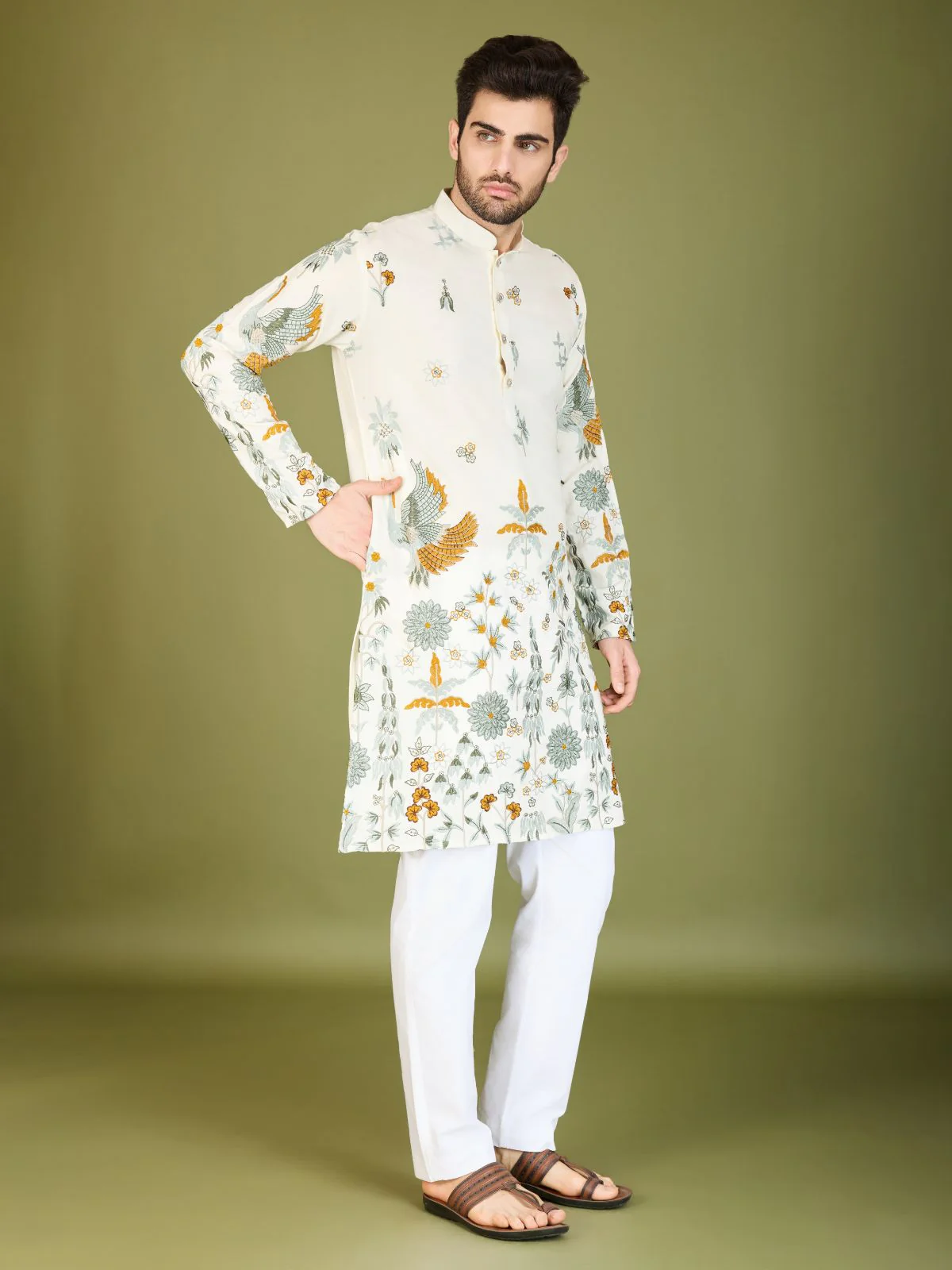 Odette Off White Viscose Rayon Stitched Kurta For Men - Image 4