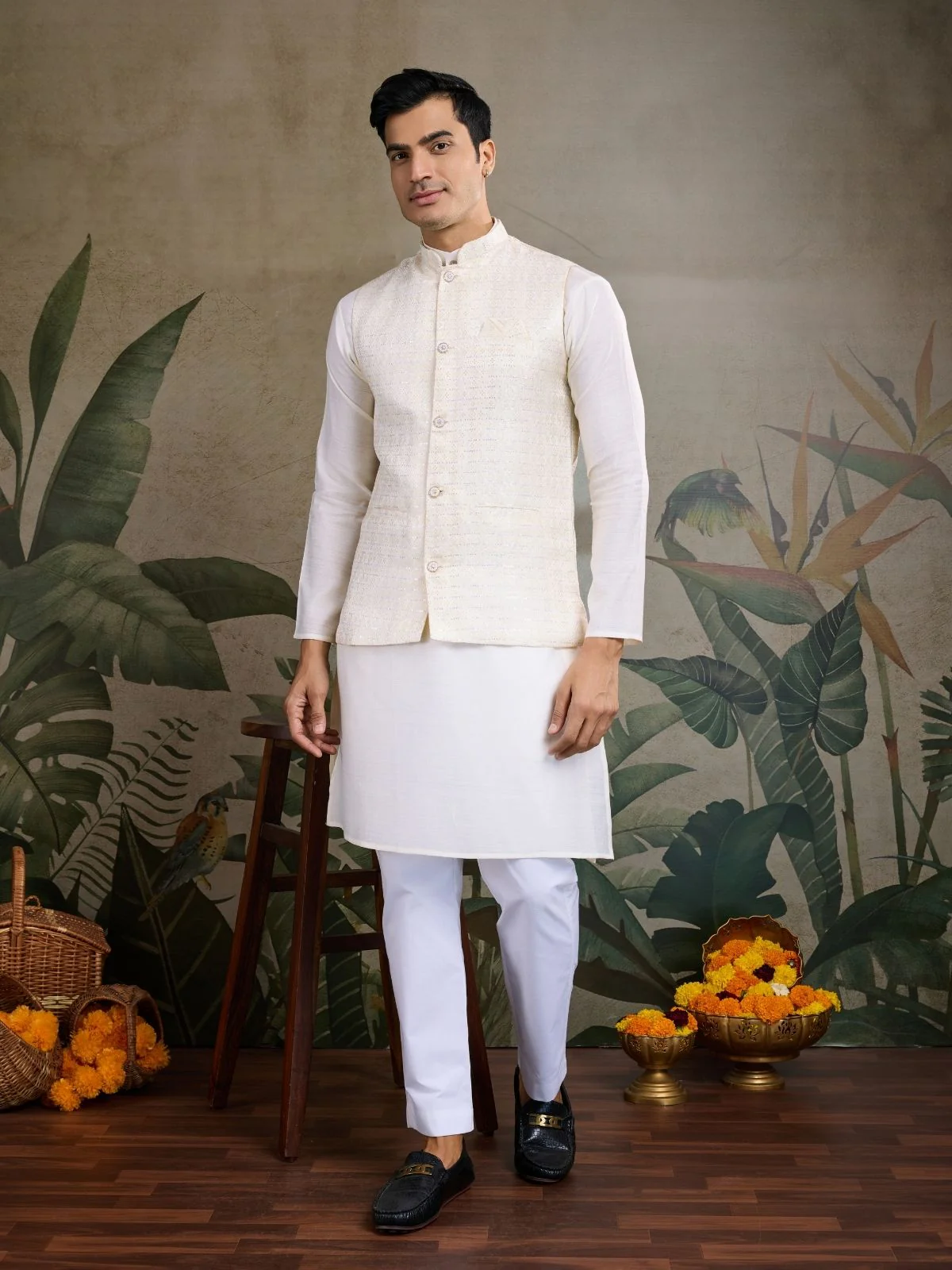 Odette Off White Viscose Silk  Woven Stitched Kurta For Men - Image 2