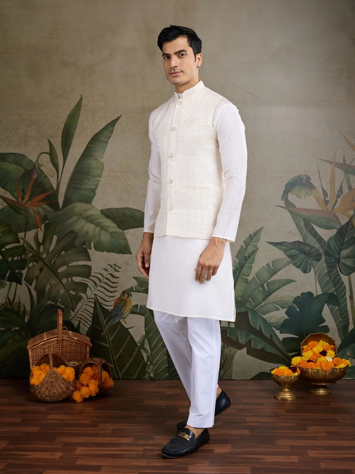 Odette Off White Viscose Silk  Woven Stitched Kurta For Men - Image 3