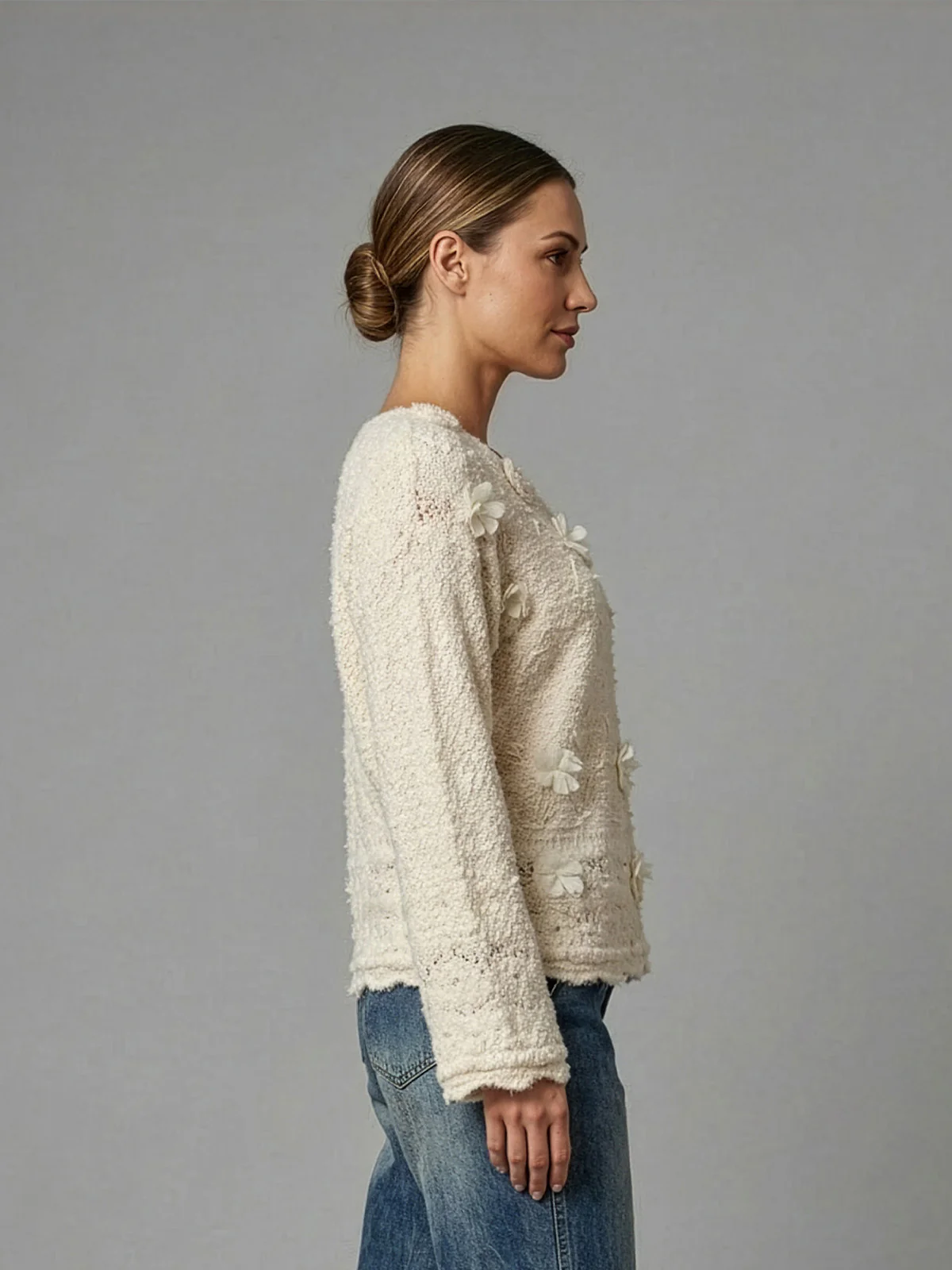 Odette Off White Woolen Floral Applique Top For Women - Image 2