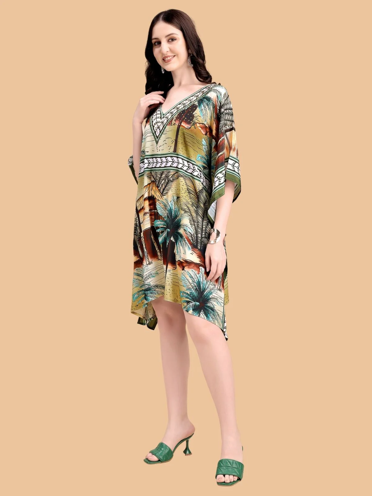 Odette Olive And Brown Silk Blend Printed Kaftan For Women - Image 2