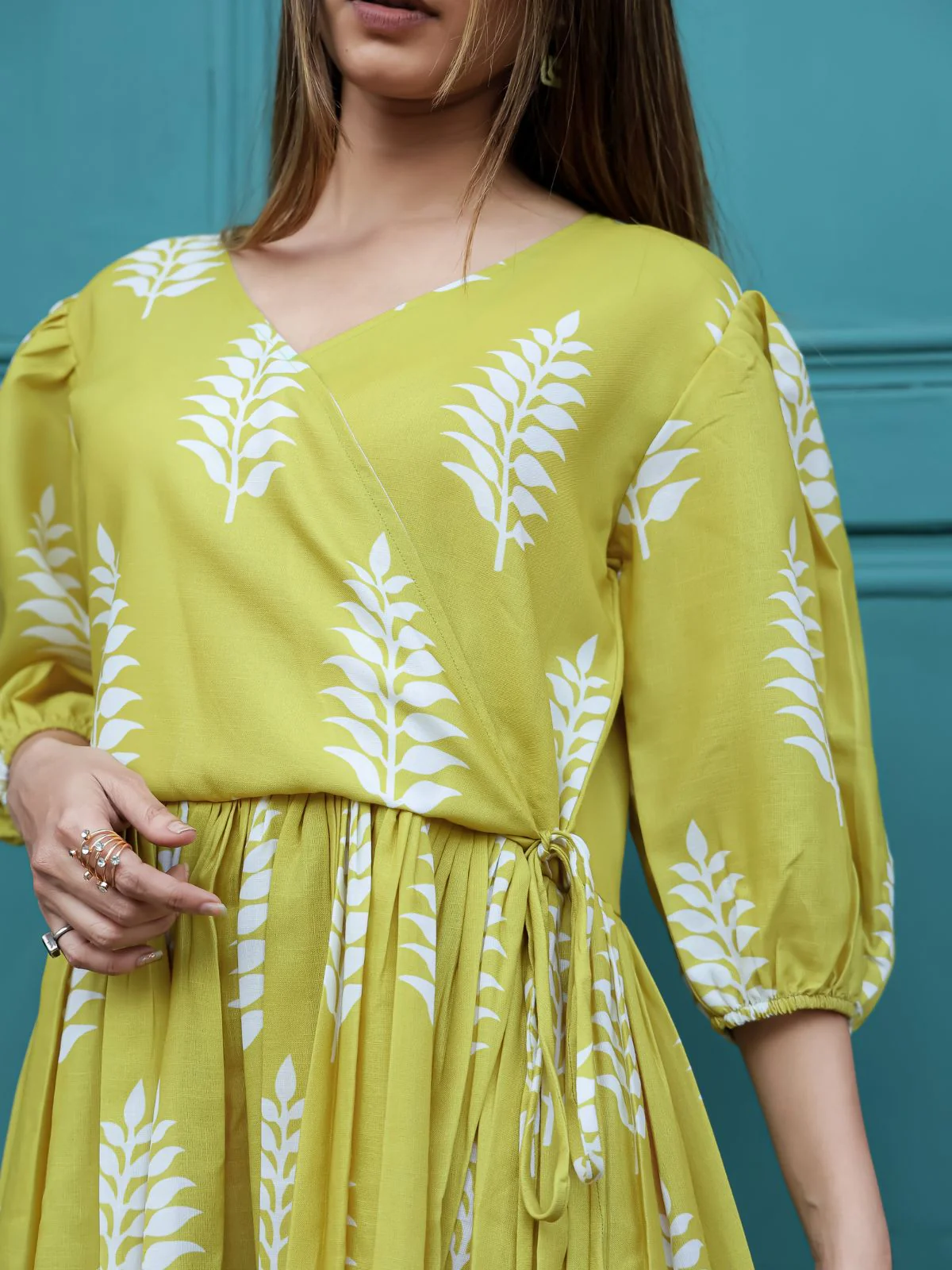 Odette Olive Chiffon Stitched Printed Indo Western Dress For Women - Image 5