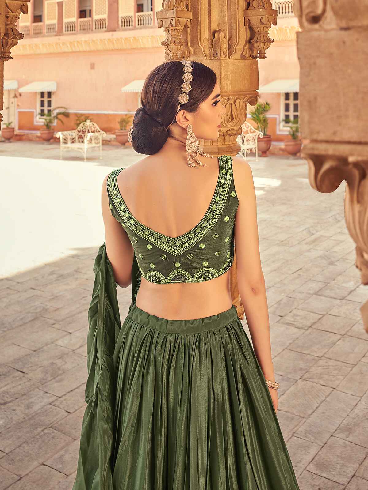 Odette Olive Chinon Embellished Semi Stitched Lehenga With Unstitched Blouse For Women - Image 3