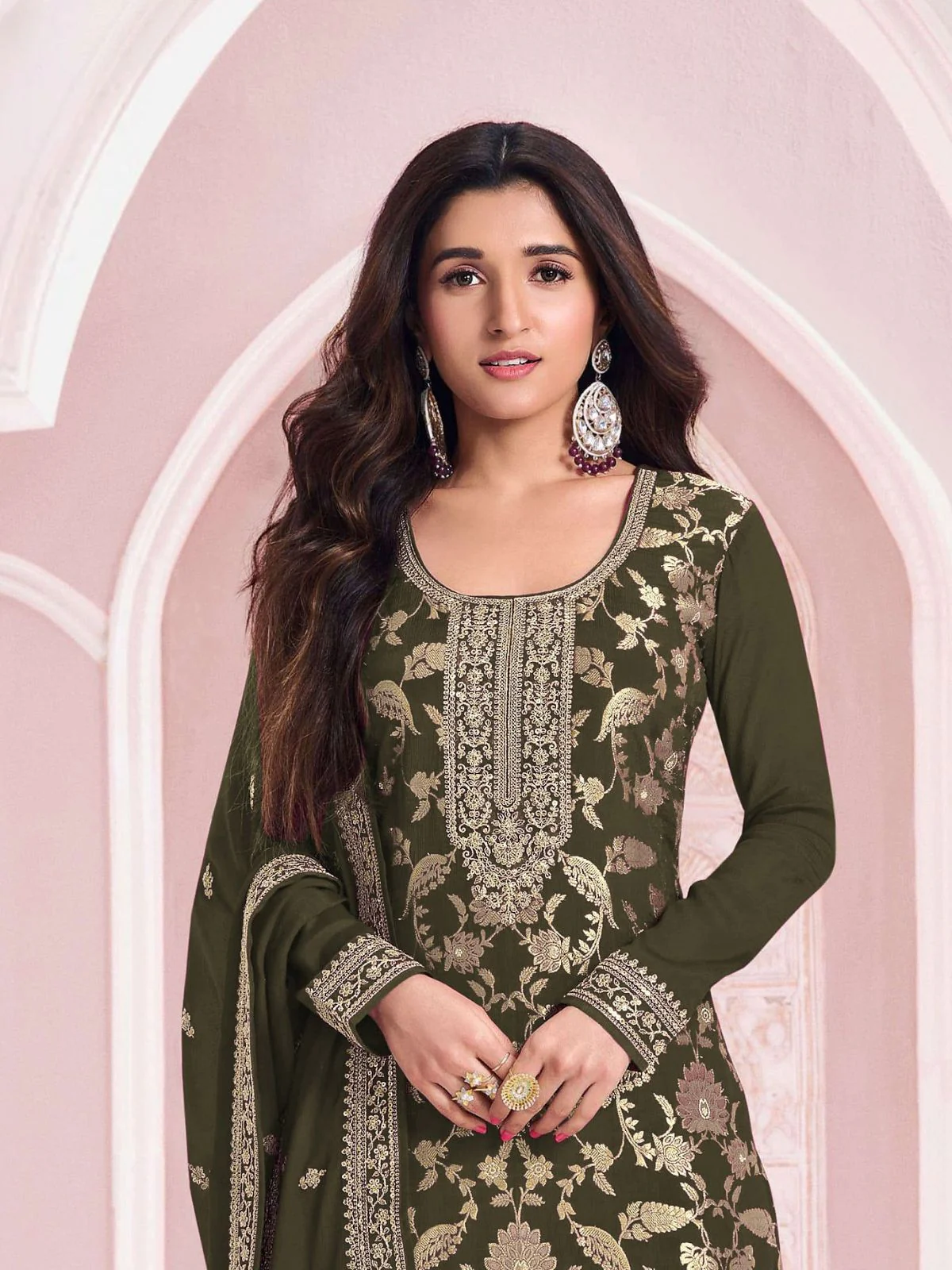 Odette Olive Cotton Blend Embroidered Semi-Stitched Kurta Set For Women - Image 2