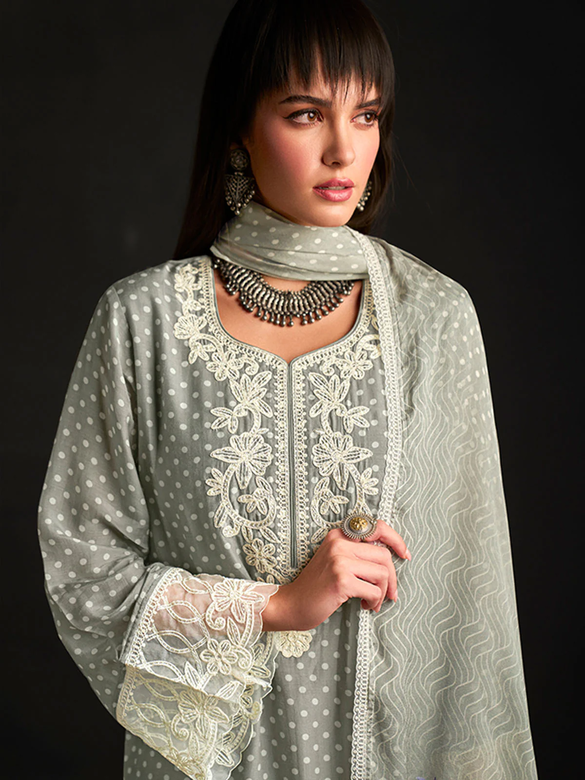 Odette Olive Cotton Blend  Embroidered Semi-Stitched Kurta Set For Women - Image 4