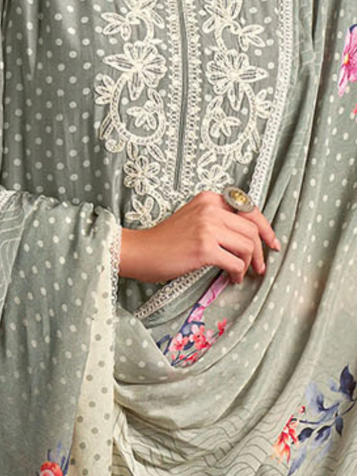 Odette Olive Cotton Blend  Embroidered Semi-Stitched Kurta Set For Women - Image 6