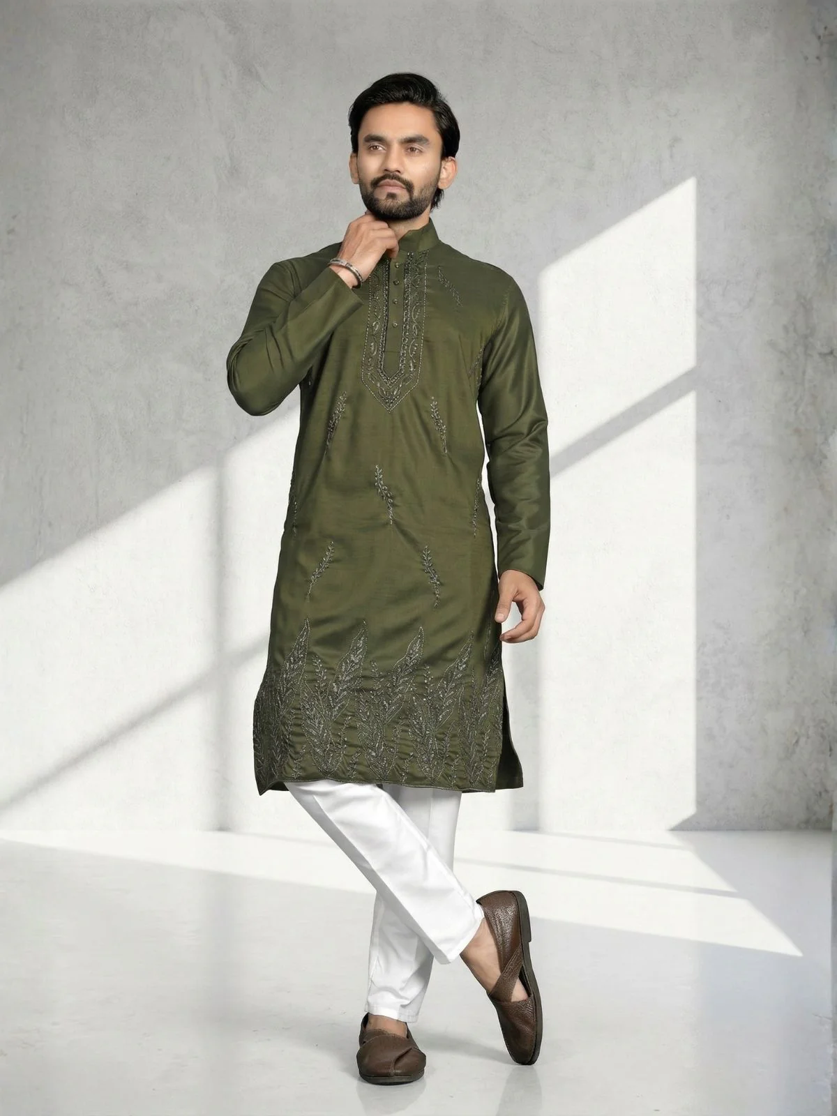 Odette Olive Cotton Blend Embroidered Solid Kurta For Men - Image 3