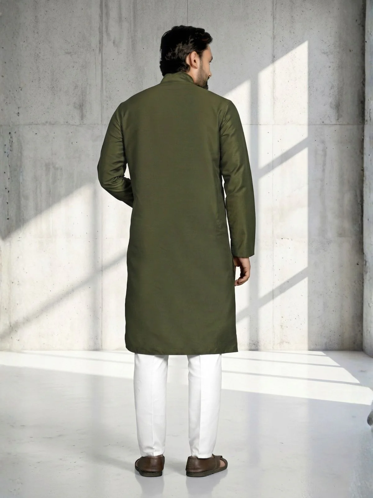 Odette Olive Cotton Blend Embroidered Solid Kurta For Men - Image 4