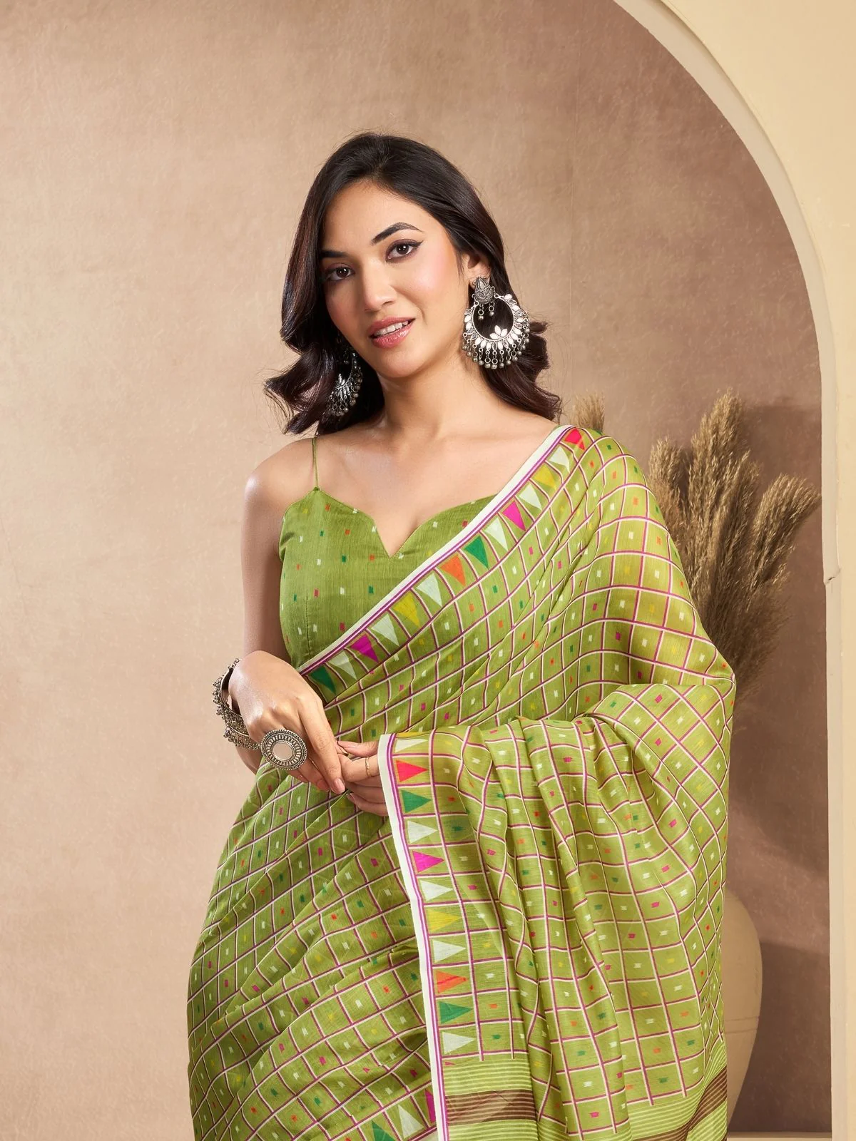Odette Olive Cotton Linen Zari Work Saree For Women - Image 5