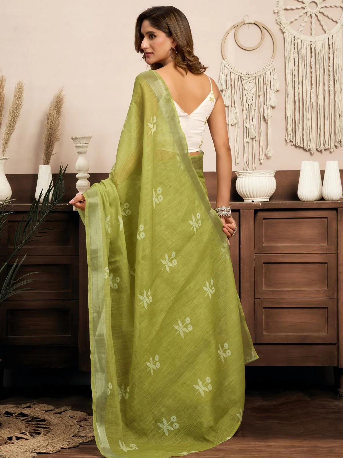 Odette Olive Cotton Linen Zari Work Saree For Women - Image 3