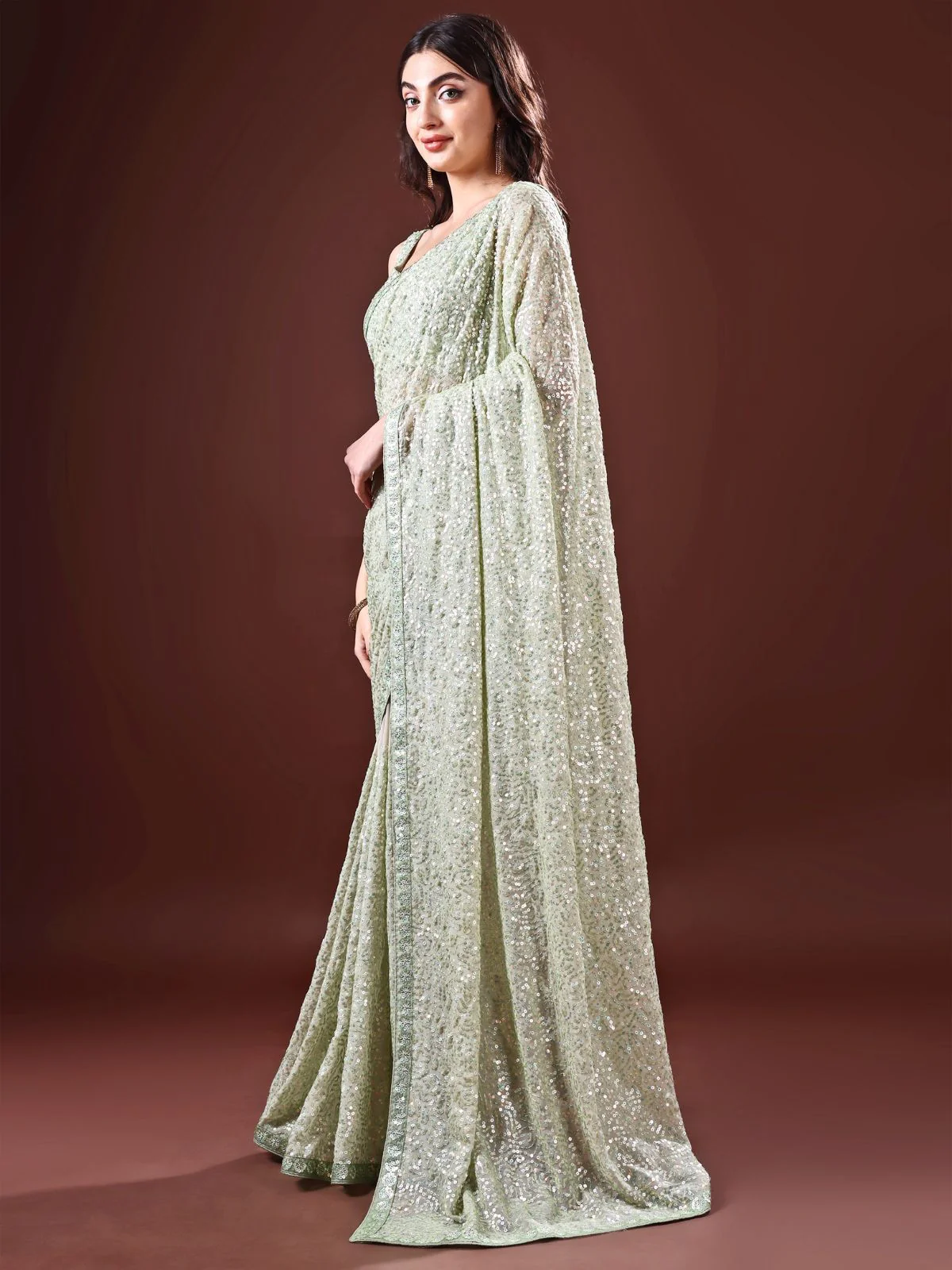 Odette Olive Embellished Georgette Saree With Unstitched Blouse For Women - Image 2
