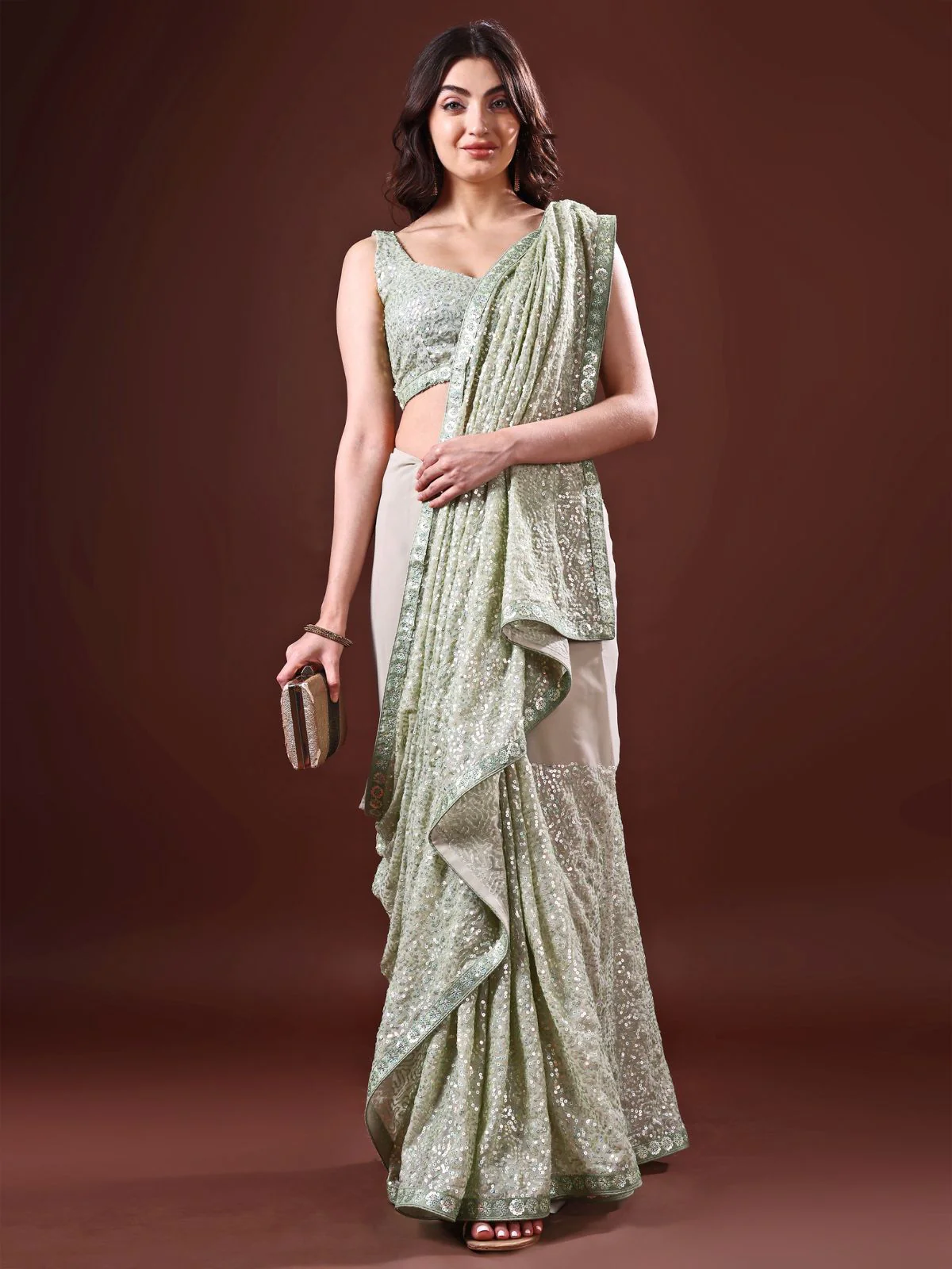 Odette Olive Embellished Georgette Saree With Unstitched Blouse For Women - Image 3