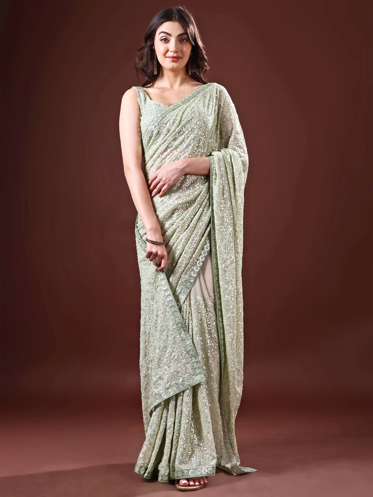 Odette Olive Embellished Georgette Saree With Unstitched Blouse For Women - Image 4