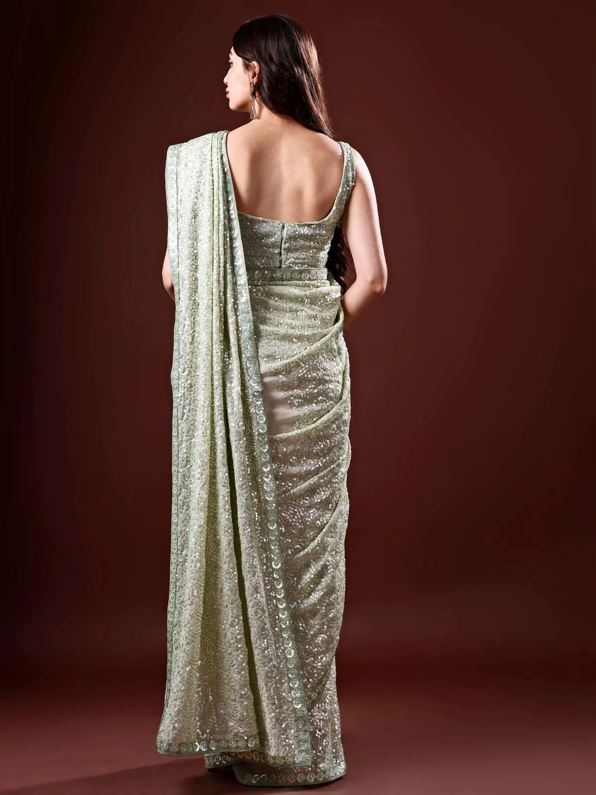 Odette Olive Embellished Georgette Saree With Unstitched Blouse For Women - Image 5