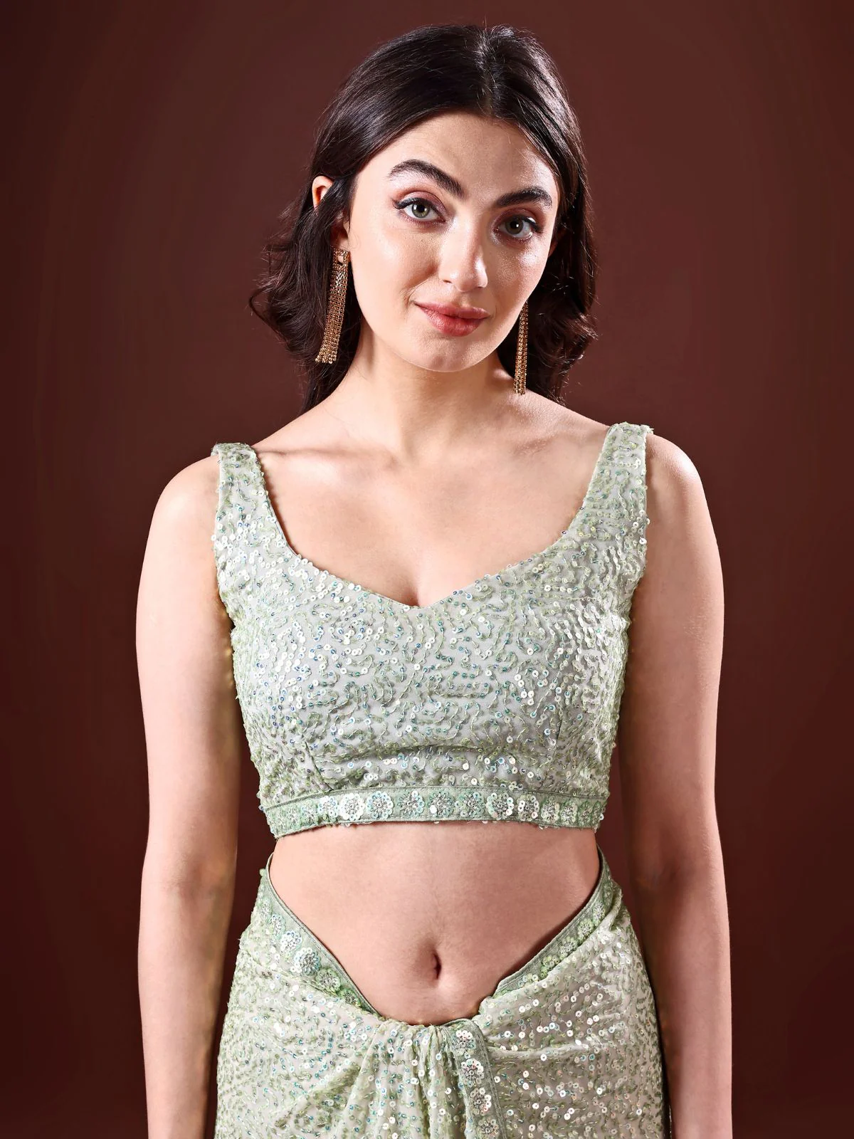 Odette Olive Embellished Georgette Saree With Unstitched Blouse For Women - Image 6