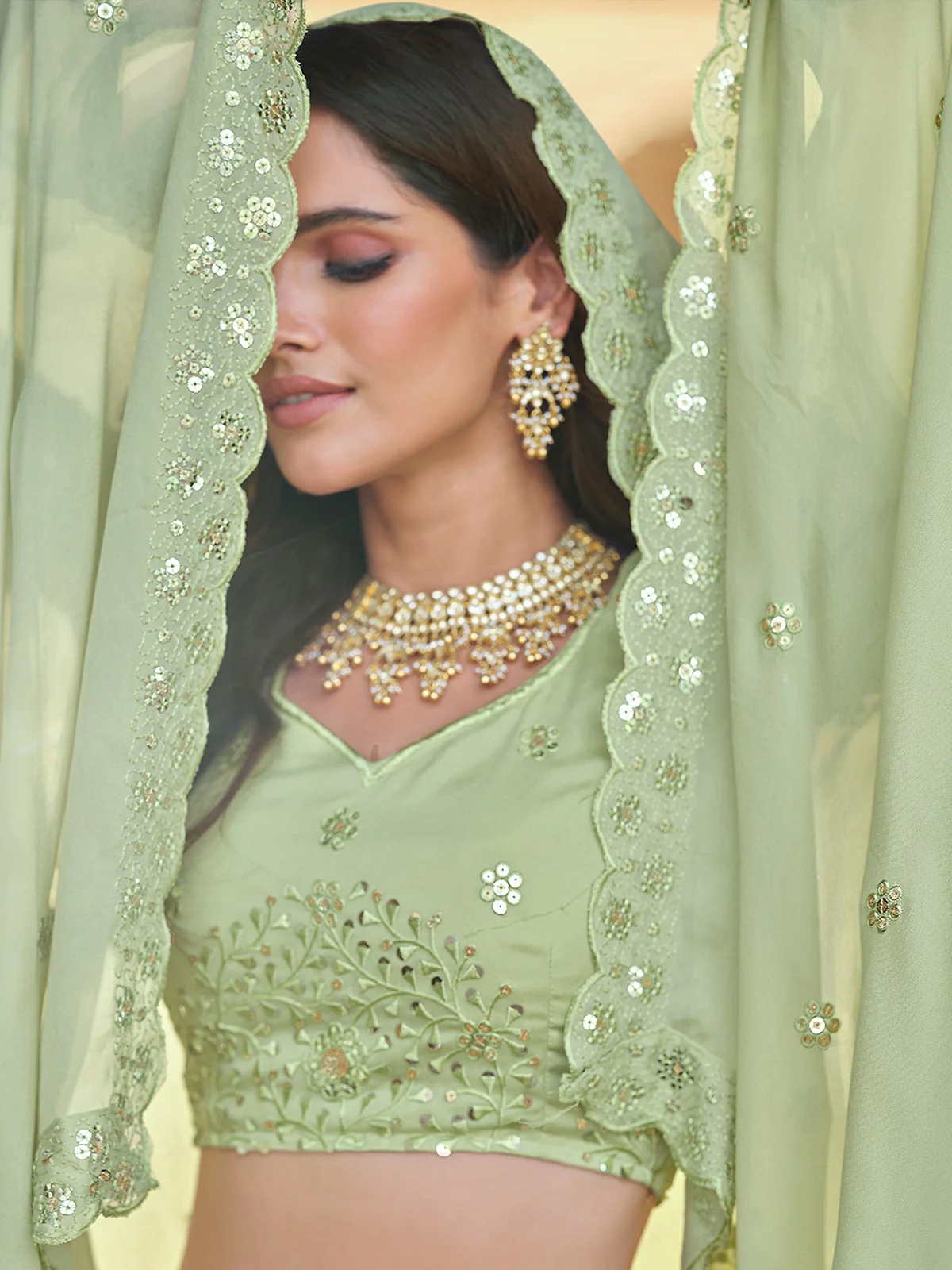 Odette Olive Embellished Georgette Semi Stitched Lehenga With Blouse For Women - Image 4