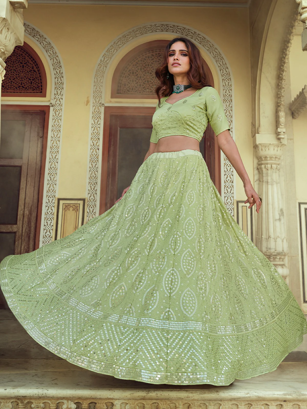 Odette Olive Embellished Georgette Semi Stitched Lehenga With Blouse For Women - Image 2