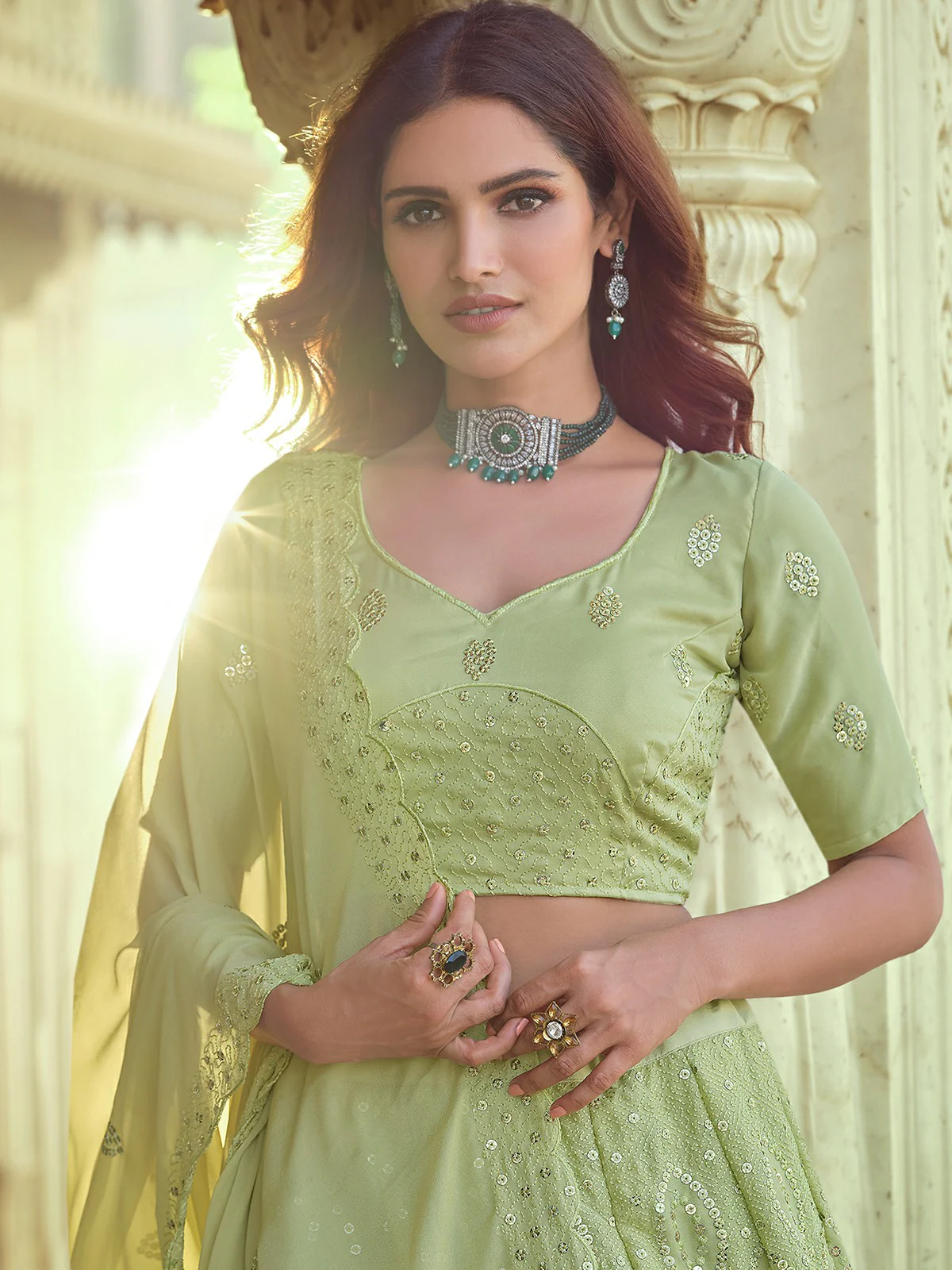 Odette Olive Embellished Georgette Semi Stitched Lehenga With Blouse For Women - Image 4