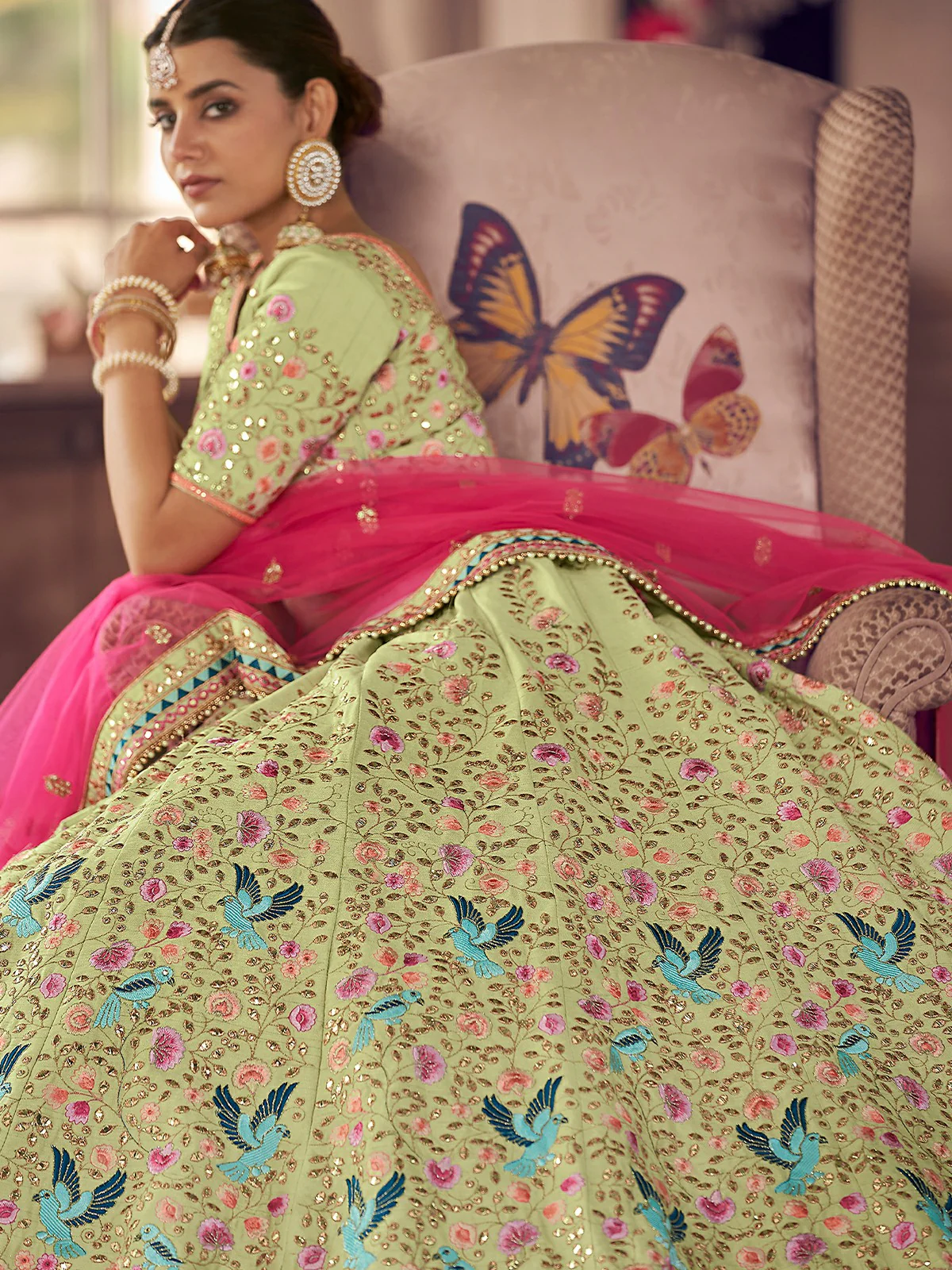 Odette Olive Embroidered Art Silk Semi Stitched Lehenga With Blouse For Women - Image 3