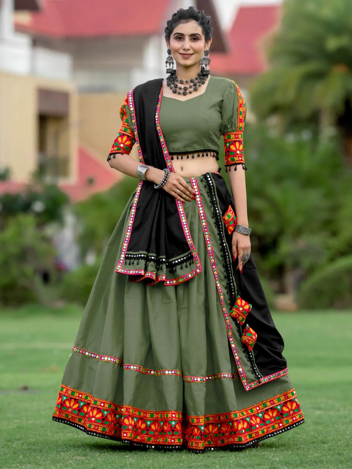 Odette Olive Embroidered Cotton Semi Stitched Lehenga With Unstitched Blouse For Women